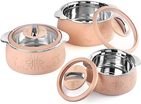 Premium 3-Piece Casserole Set with Insulated Stainless Steel & Glass Lids (600ml, 1100ml, 1600ml) - Beige Kitchen Cookware for Baking, Roasting & Meal Prep | Oven & Stovetop Safe