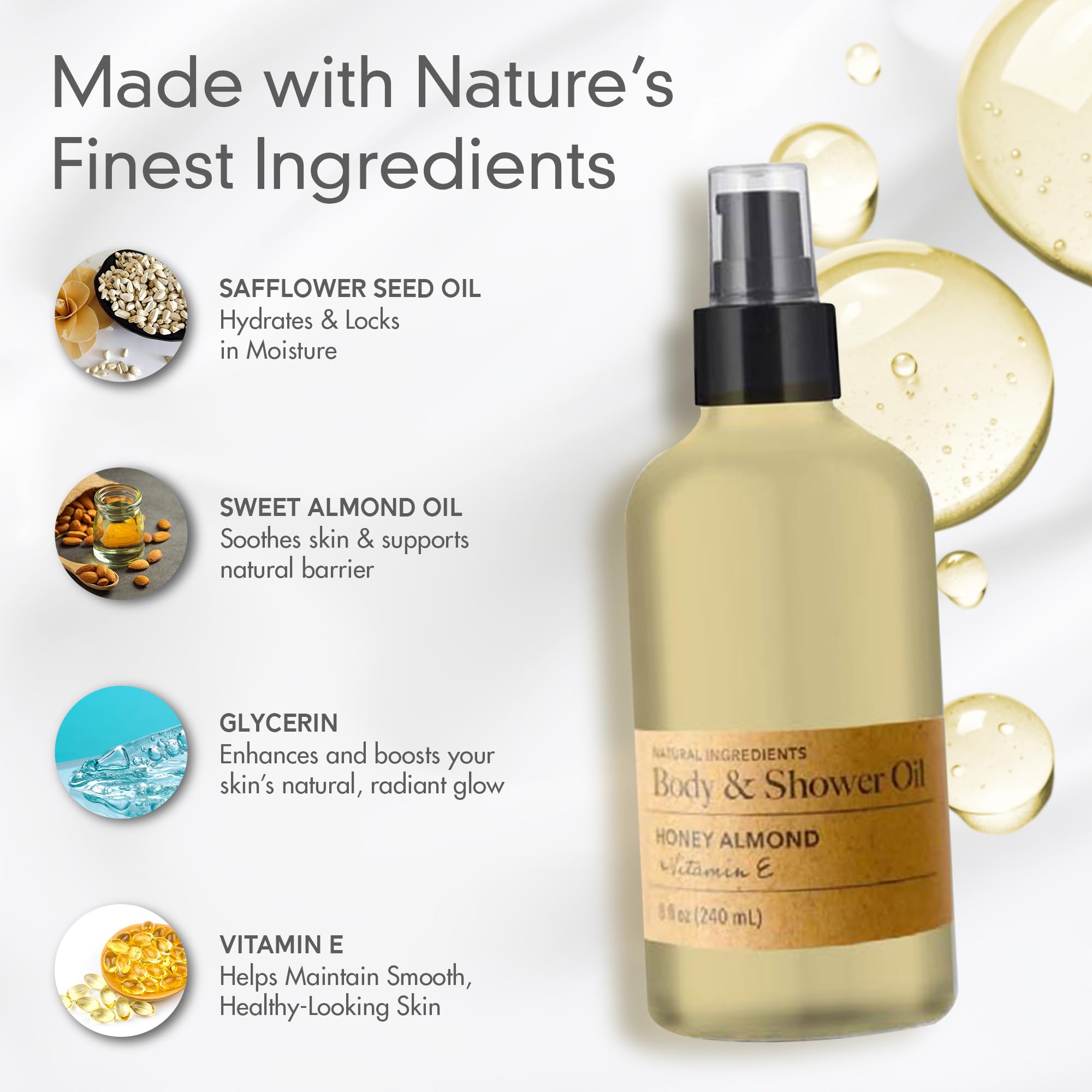 Olivia Care Nourishing Honey Almond Body Oil with Vitamin E - 8 Fl Oz - Hydrating Moisturizer for Dry Skin - In-Shower & Post-Shower Use - Perfect for Massage, Stretch Marks & All Skin Types
