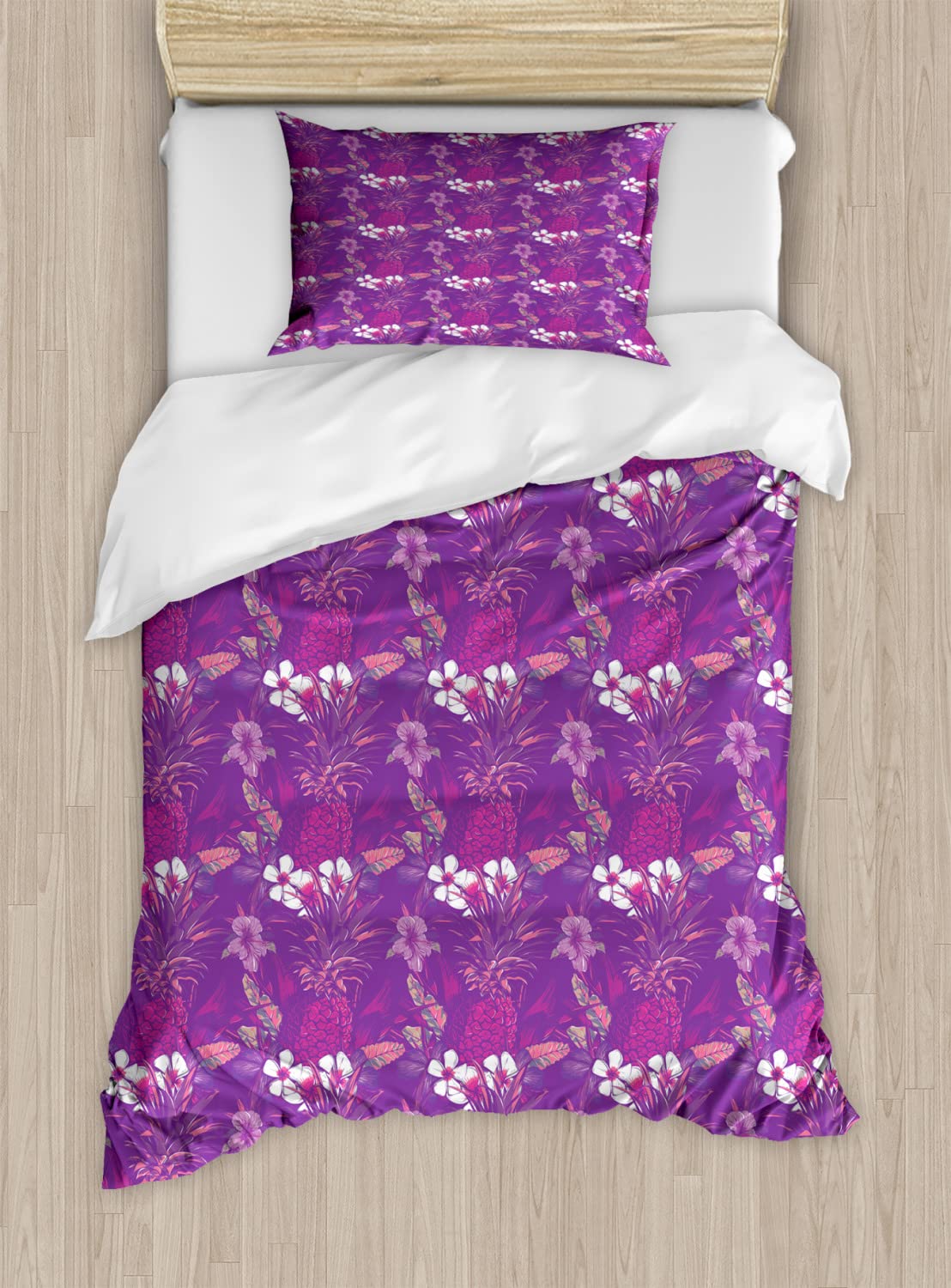 Ambesonne Garden Art Duvet Cover Set - Exotic Tropical Flowers & Leaves Wedding Theme Bedding, 2-Pack King Size in Violet Magenta - Includes 2 Duvet Covers & 4 Pillowcases - Perfect for Summer Bedroom Decor, Guest Rooms, and Tropical Themed Weddings