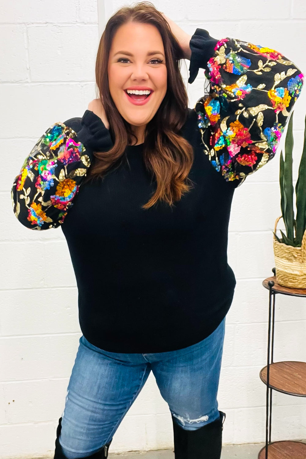 Diva Dreams Black Floral Sequin Mesh Sleeve Rib Knit Top for Women | Elegant Party Blouse | Perfect for Night Out, Date Night & Special Occasions