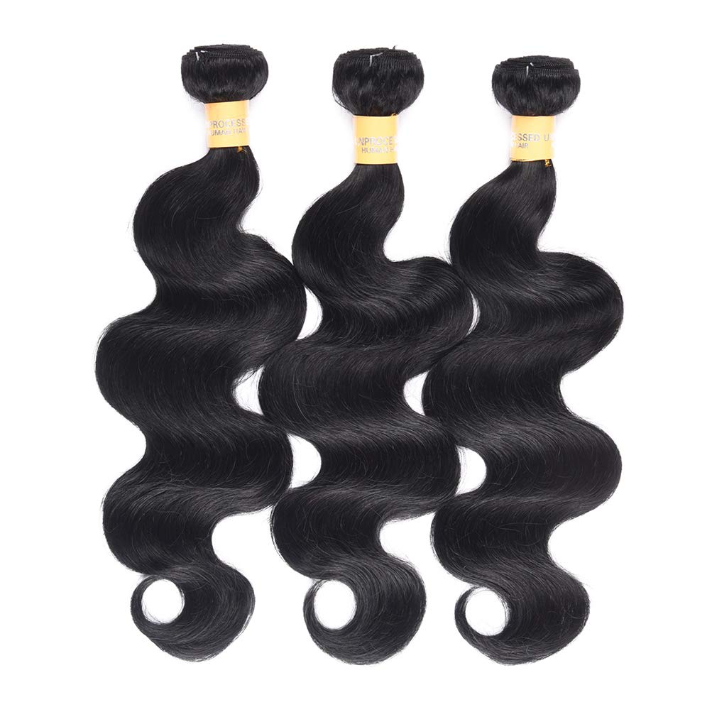 WOME Brazilian Human Hair Bundles 100% Natural Black Body Wave Hair Weaves - 3 Bundles Human Hair Extensions (16