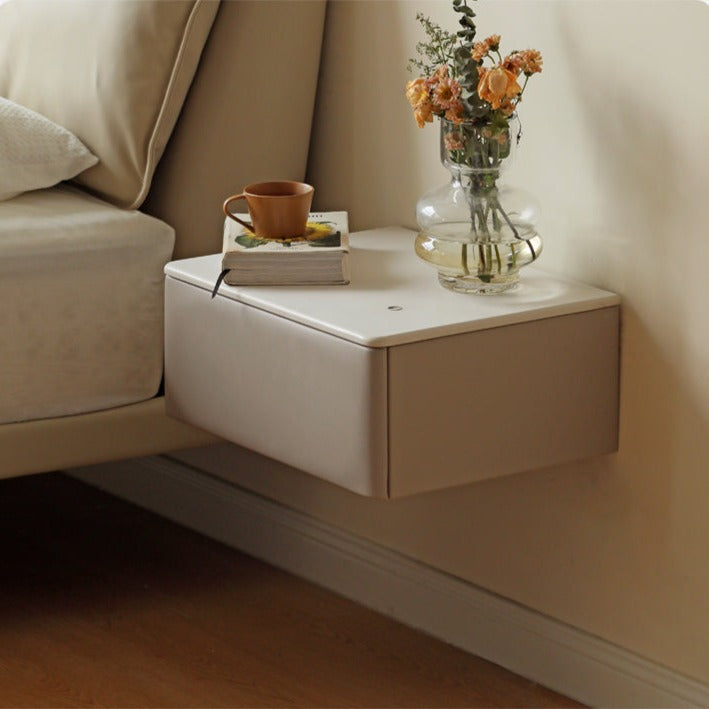 Organic Leather Floating Nightstand - Wall Mounted Cream Rock Board Shelf for Bedroom, Living Room & Office - Modern Minimalist Storage Solution
