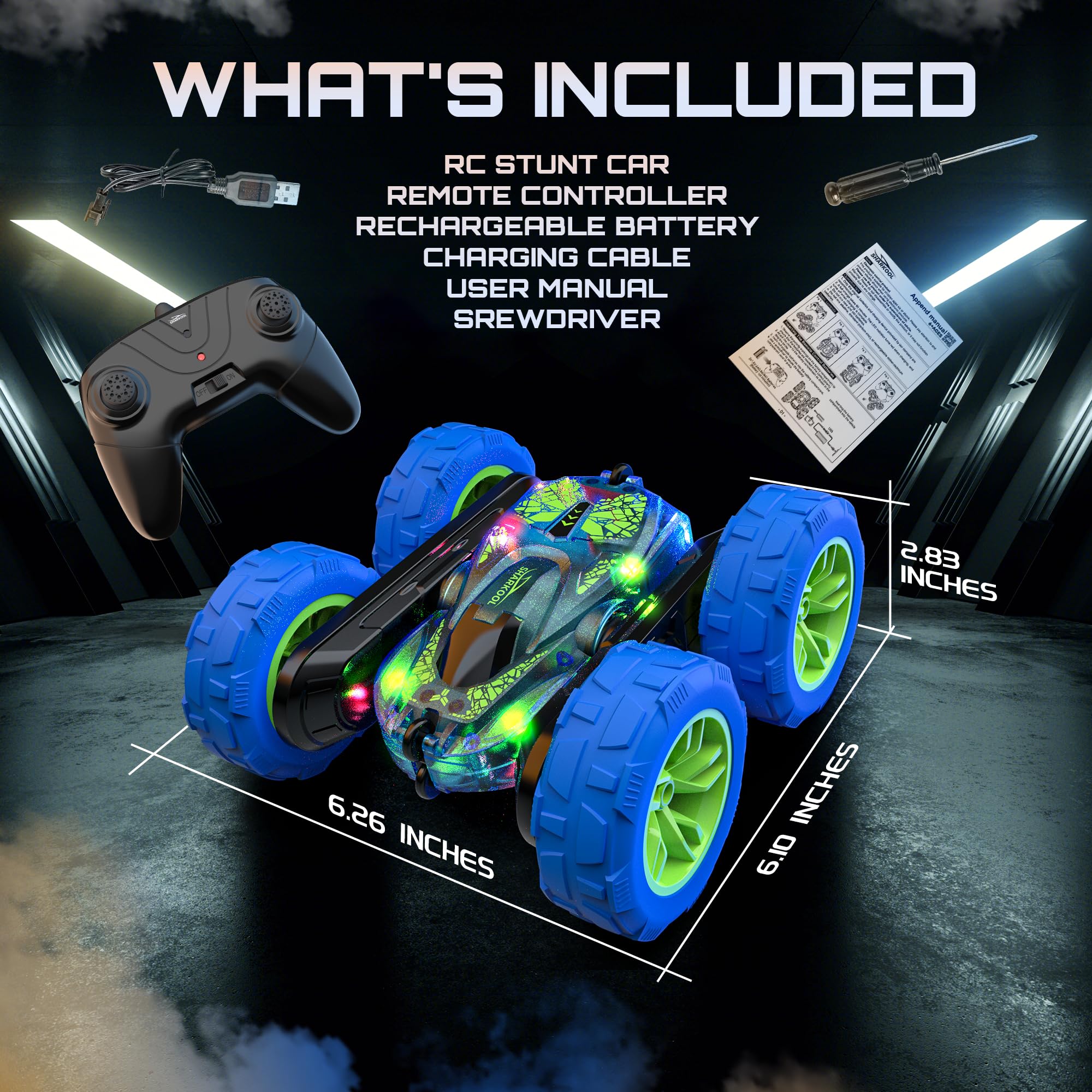 2.4Ghz Remote Control Car for Kids - LED RC Stunt Car with Flashing Lights, Off-Road Toy Gift for Boys Ages 3-8, Perfect for Indoor & Outdoor Play, Birthday & Christmas Presents
