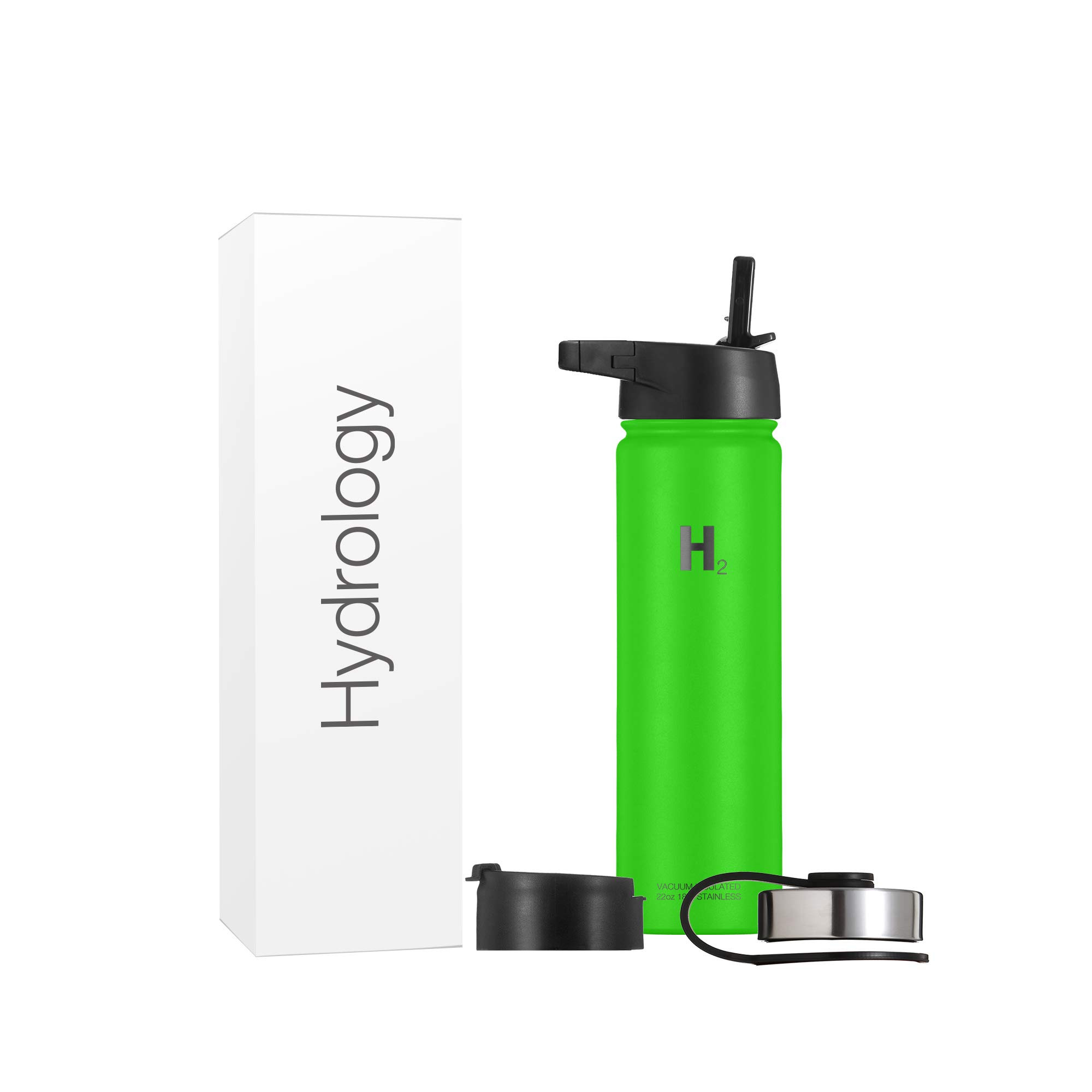 H2 Hydrology Stainless Steel Insulated Water Bottle - 22 oz Large Double Wall Vacuum Sports Bottle with Straw & 3 Lids (Neon Green) - Perfect for Gym, Hiking, Travel & Outdoor Activities