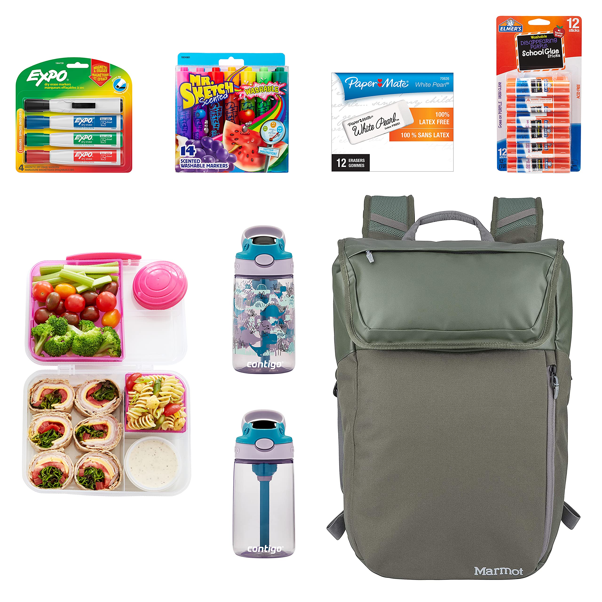 Elementary School Supplies Value Bundle - 45-Piece Set with Contigo Kids Water Bottle, Elmer's Glue Sticks, Sistema Lunch Box & Marmot Travel Bag | Back to School Essentials for Classroom, Homework & Field Trips | Durable Organization Supplies for Students & Teachers