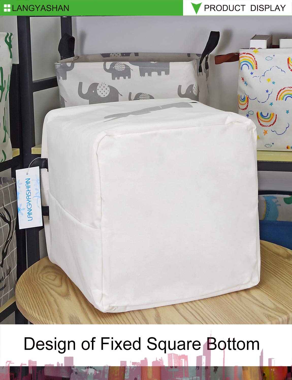 LANGYASHAN Square Storage Baskets - Waterproof Canvas Laundry Hamper for Kids, Nursery Toy Organizer, Shelves Decor Gift Basket (Elephant Design) - Perfect for Baby Room, Playroom & Closet Organization