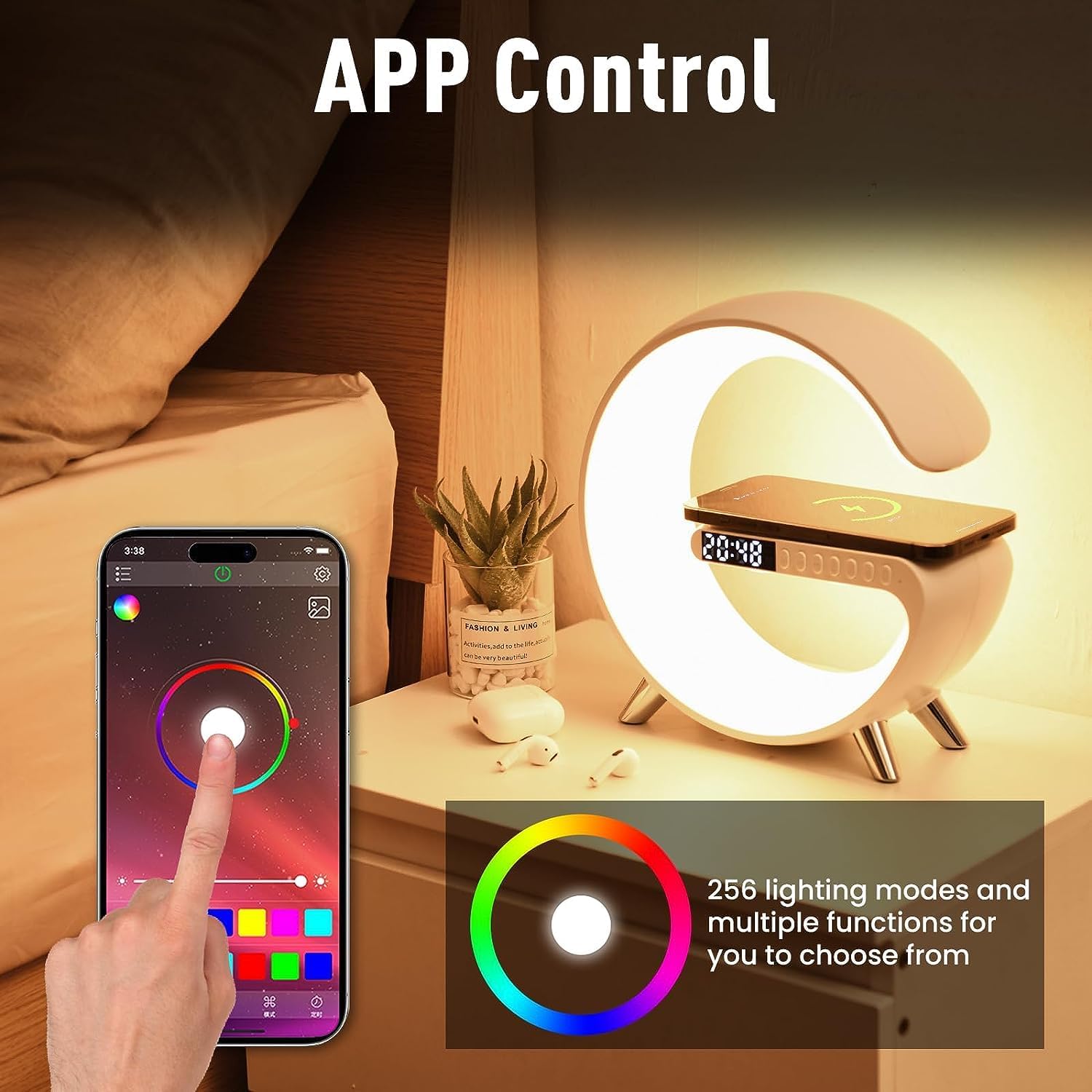 Smart LED Table Lamp with Wireless Charger, Night Light, Alarm Clock & Bluetooth Speaker - 4-in-1 Multifunctional Bedside Lamp with App Control for Bedroom, Office & Home Decor (White) - Perfect for Night Reading, Phone Charging & Relaxing Music