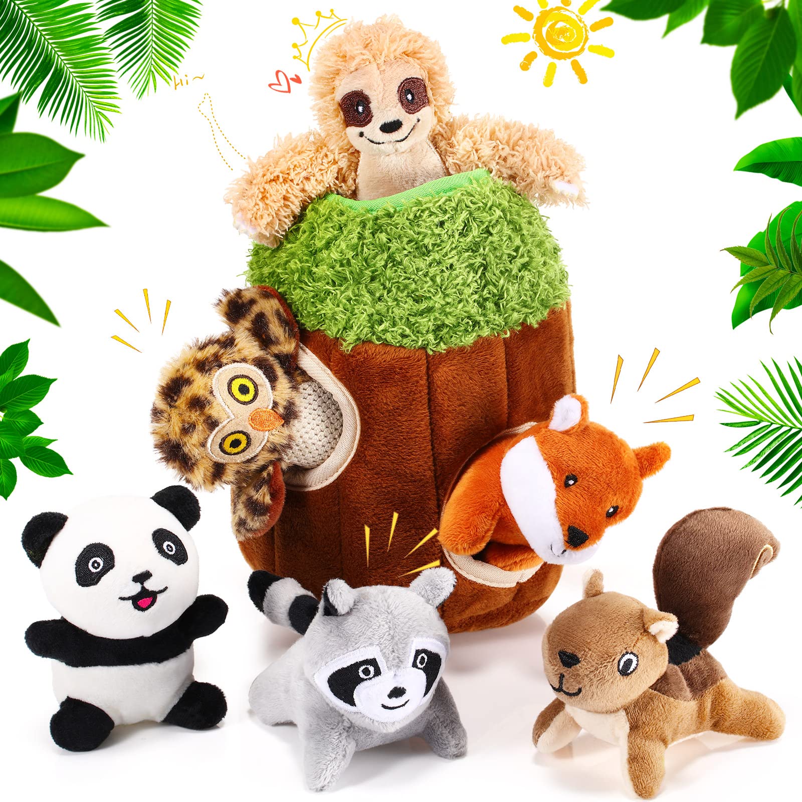 7-Piece Dog Hide and Seek Chew Toys with Squeakers - Plush Woodland Friends Puppy Toys for Small & Medium Dogs - Perfect for Interactive Play, Training, and Teething Relief
