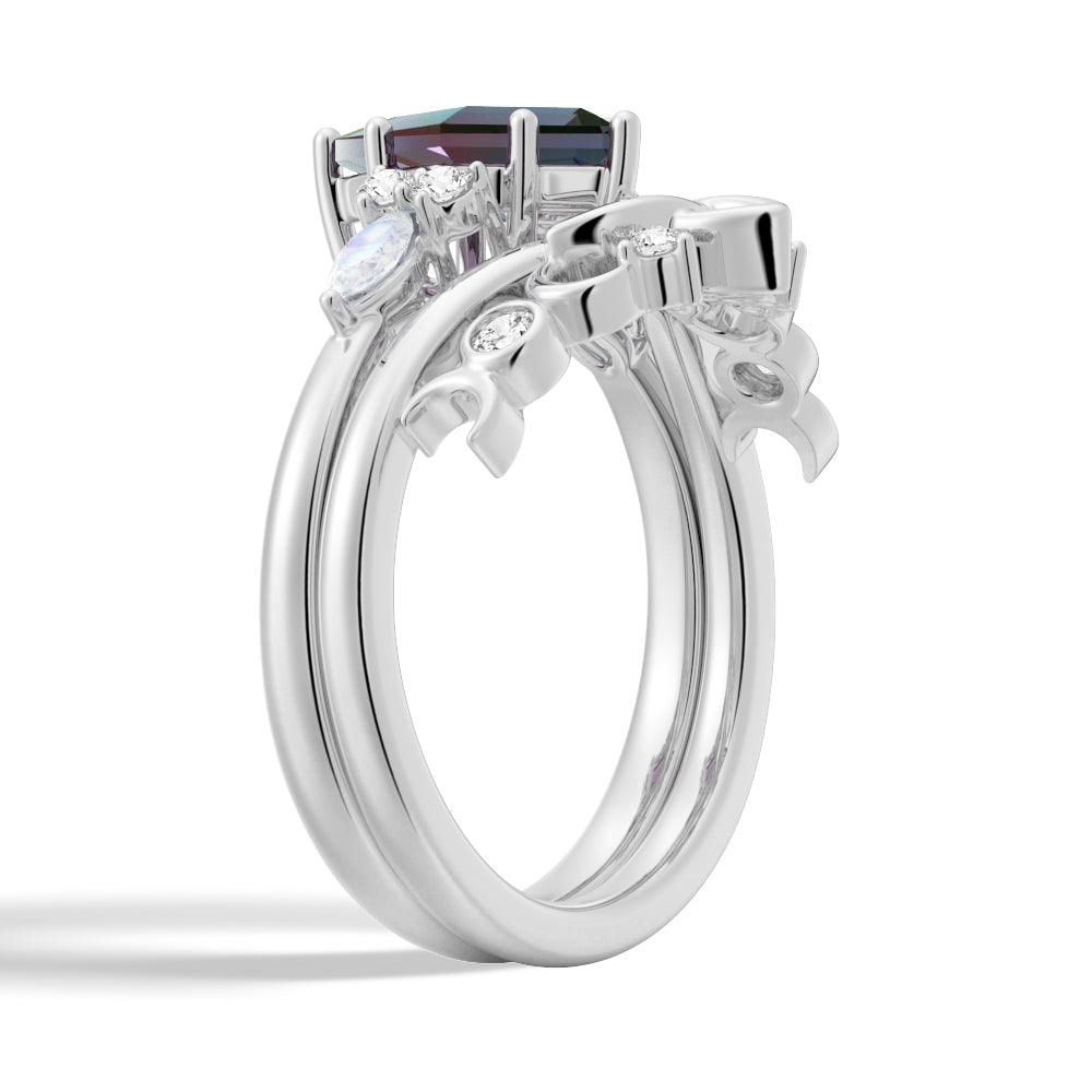 2 CT. Art Deco Unique Kite Cut Alexandrite Engagement Ring Set With Moonstone Accents - Perfect for Proposals, Anniversaries & Vintage-Inspired Weddings