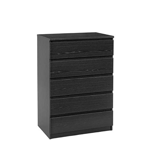 Pemberly Row 5-Drawer Chest in Black Woodgrain - Stylish Wooden Dresser for Bedroom Storage & Organization