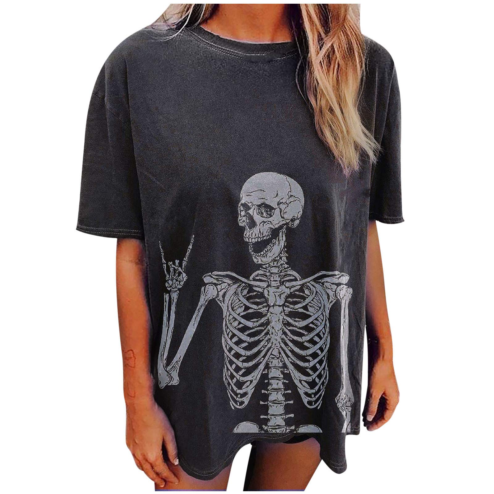 Women's Halloween Skeleton Graphic Tee - Oversized Grunge T-Shirt for Party & Cosplay