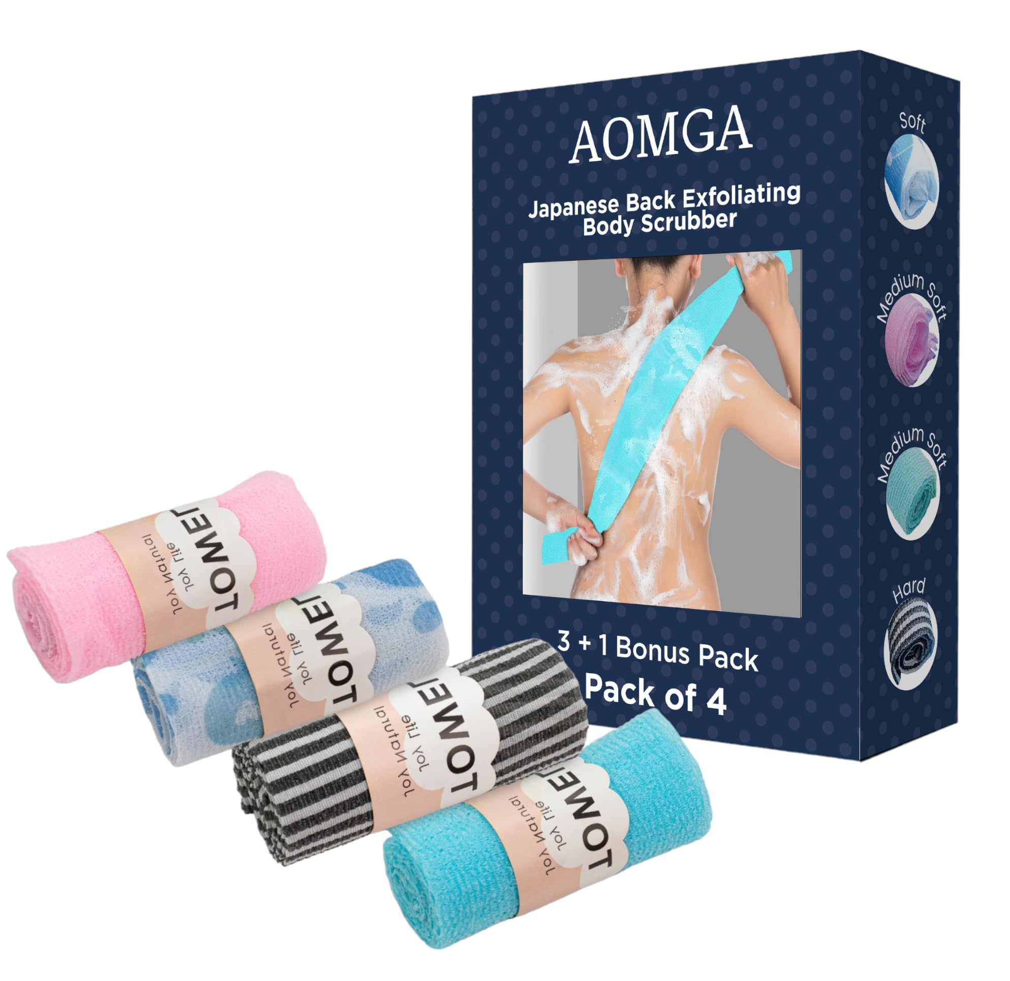 Exfoliating Body Scrubber Pack of 4 - Japanese Washcloth Back Scrubber for Shower - Soft, Medium & Hard Exfoliating Wash Cloth for Radiant Skin - Perfect for Spa, Bath & Skincare Routine