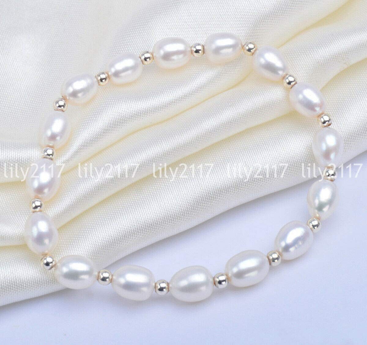 Genuine 6-7mm White Natural Freshwater Pearl Rice Bead Bracelet - 7.5