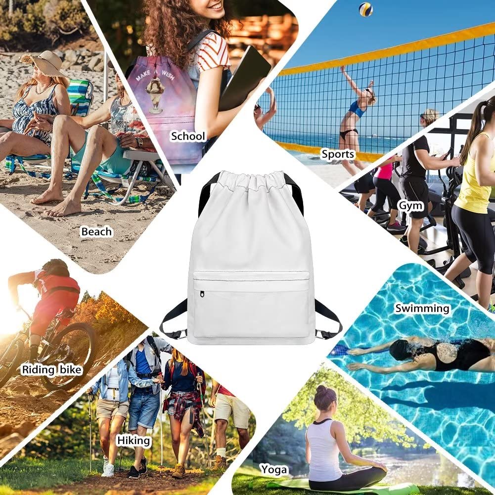 Stylish Black Daisy Pattern Drawstring Backpack with Zipper Pocket - Adjustable Waterproof Gym Bag for Men & Women | Perfect for Sports, Yoga, Camping & Daily Use