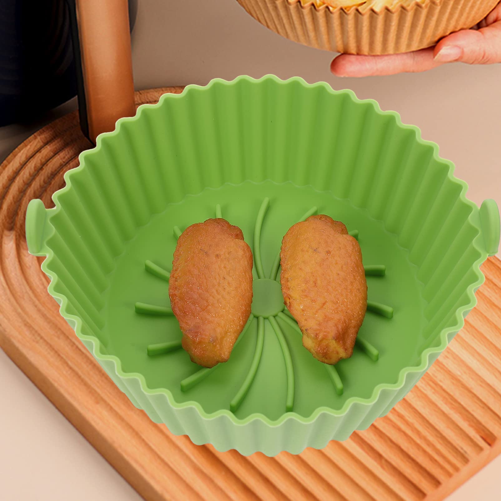 DOITOOL Air Fryer Accessories Set - 8 Inch Green Silicone Baking Mat, Non-Stick Parchment Paper, Cupcake Liners & Pot Liners for Air Fryer, Oven & Microwave - Durable, Heat-Resistant & Eco-Friendly Kitchen Tools for Healthy Cooking
