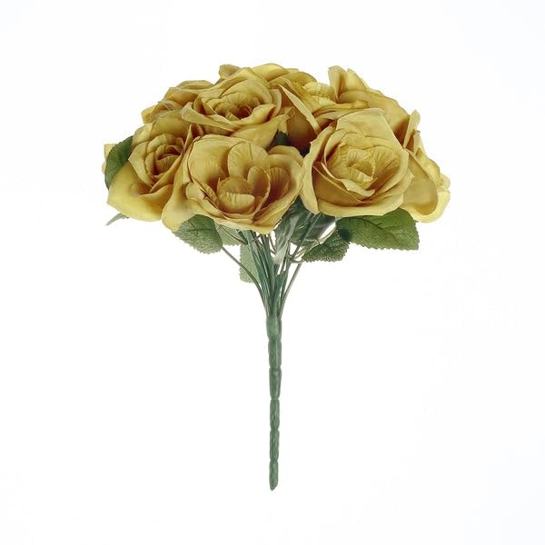 12-Inch Artificial Velvet Roses Bouquet - Gold Silk Wedding Flowers for Centerpieces, Bridal Shower, Party & Home Decorations (Set of 6) - Perfect for Wedding Receptions, Anniversary Gifts and Table Decor