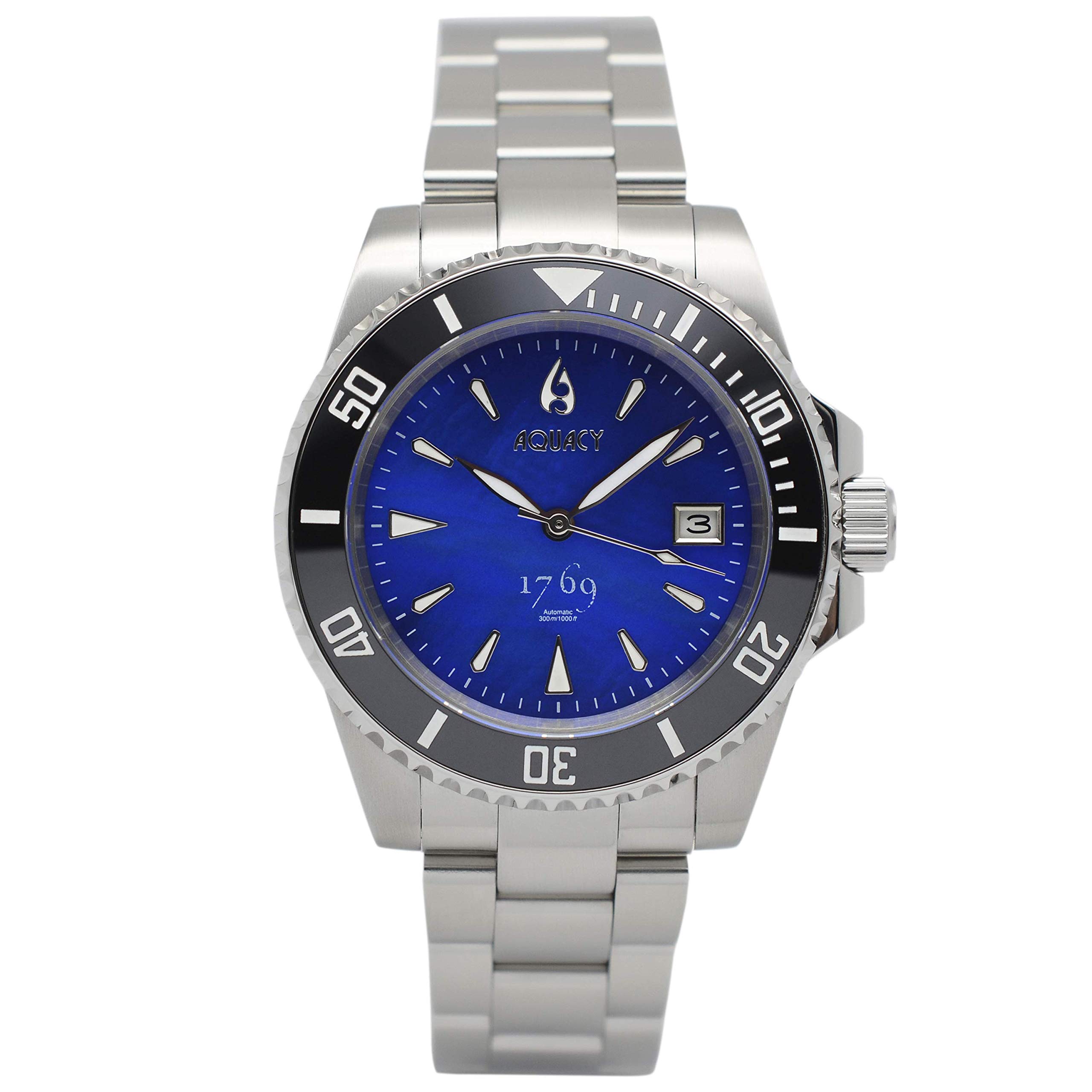 Aquacy 1769 Limited Edition Men's Automatic Dive Watch - 300M Water Resistant Blue Mother of Pearl Diver Watch with Luminous Bezel & Sapphire Anti-Reflective Crystal - Self-Winding Scuba Diving Watch for Men - Perfect for Professional Diving, Water Sports and Luxury Fashion Accessory