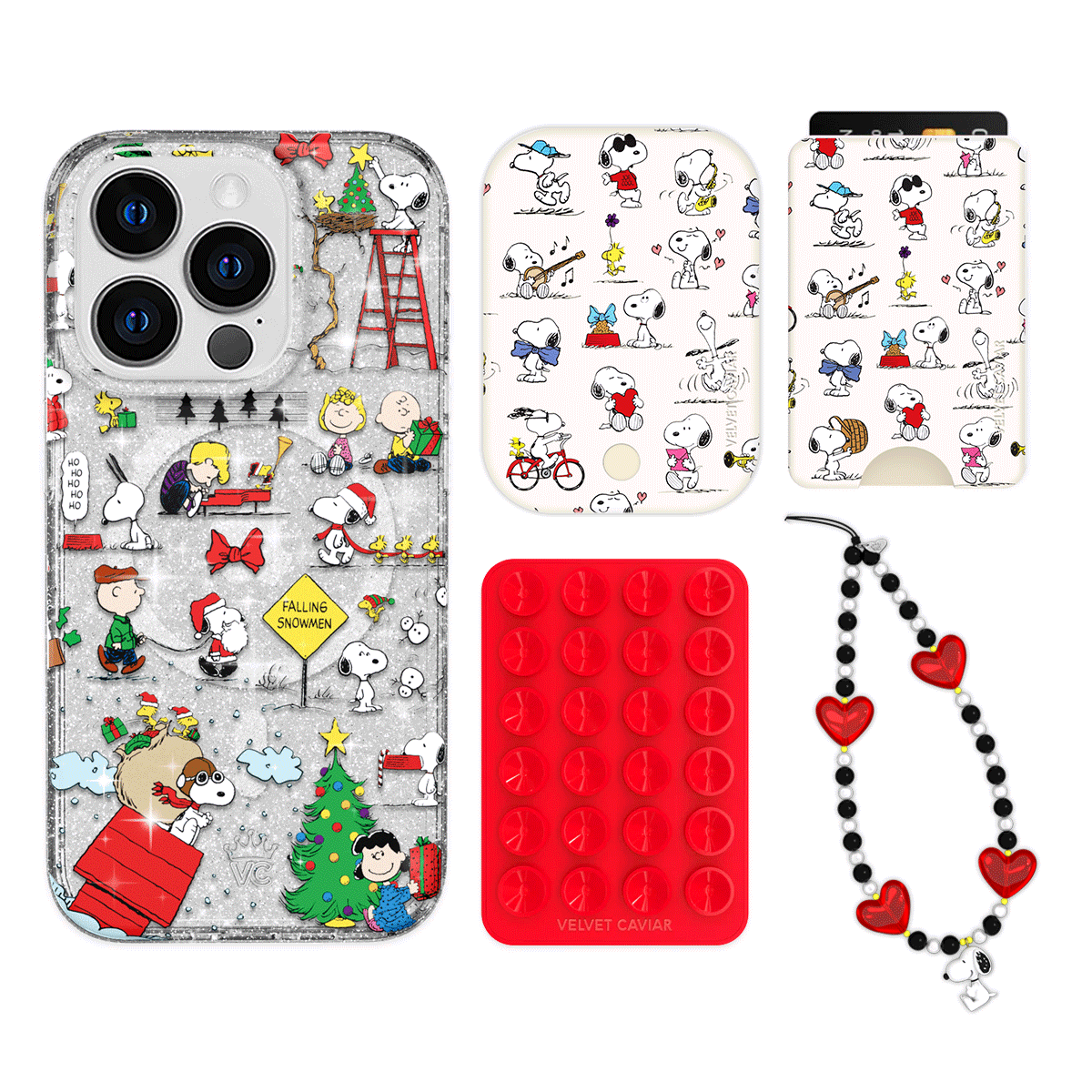 Snoopy Christmas Glitter iPhone Case with Wallet - Cute Cartoon Character Phone Cover & Card Holder Set - Perfect Holiday Gift for Fans, Family & Friends (Great for Travel, Shopping & Daily Use)