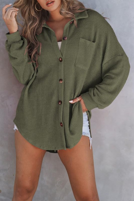 SHEWIN Women's Waffle Knit Button Down Shirt - Casual Long Sleeve Shacket Jacket, Boyfriend Style Loose Fit Blouse for Fall & Winter | Perfect for Office, Dating, and Outdoor Activities