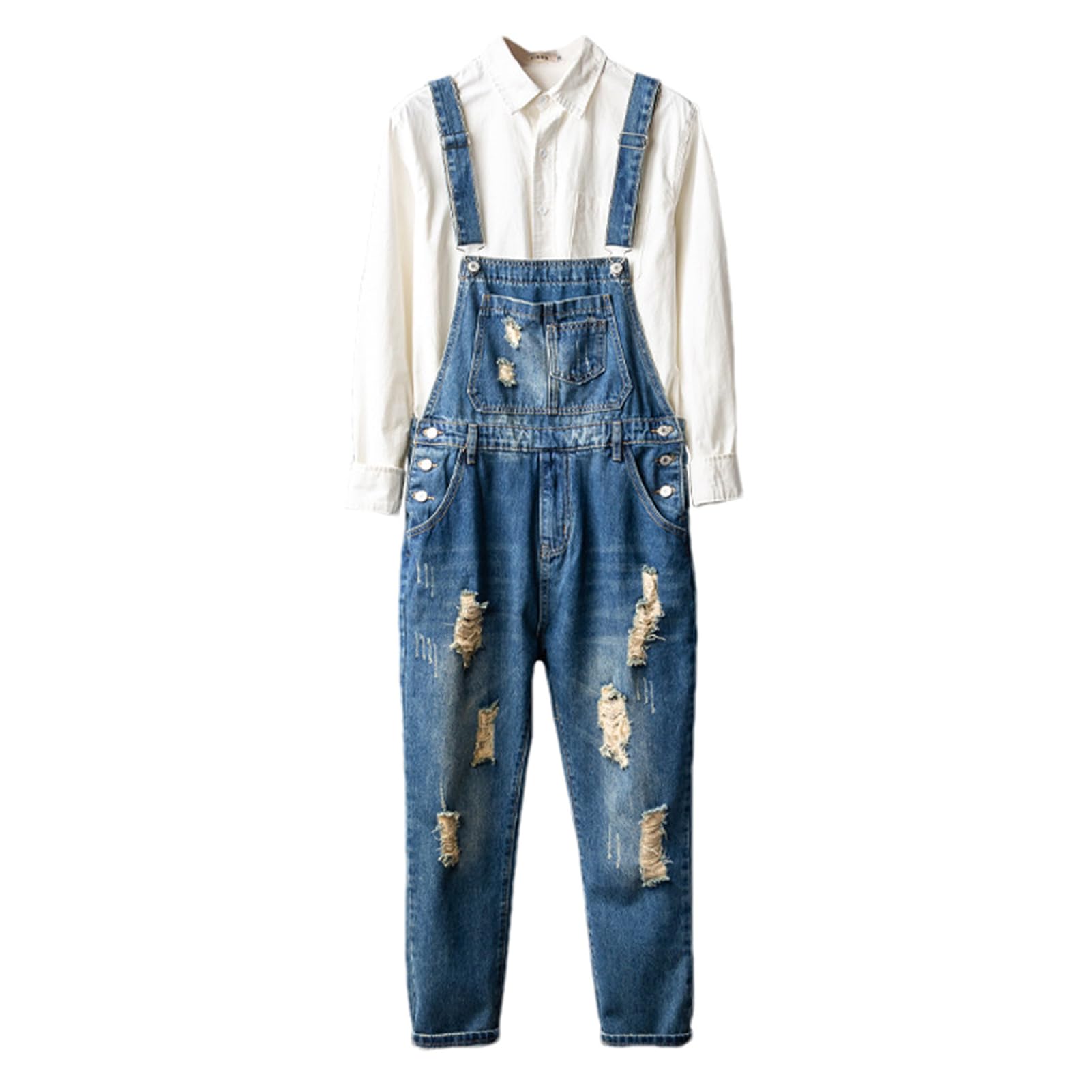 Vintage Men's Denim Overalls - Distressed Cropped Jumpsuit with Suspenders & Cargo Pockets | Summer Workwear, Motorcycle Riding, Tooling & Casual Outfits