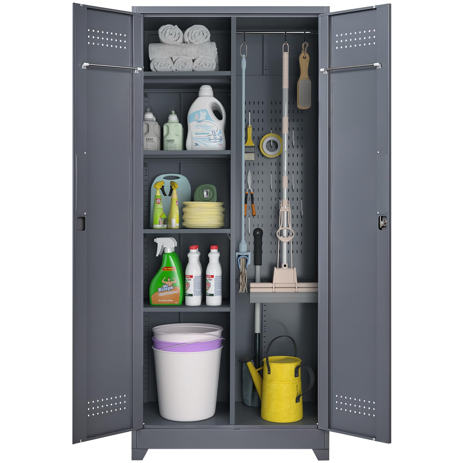 Metal Utility Storage Cabinet with Shelves - Broom Closet Organizer for Cleaning Tools, Laundry Room, Garage & Bathroom - Space-Saving Grey Cabinet for Home Organization