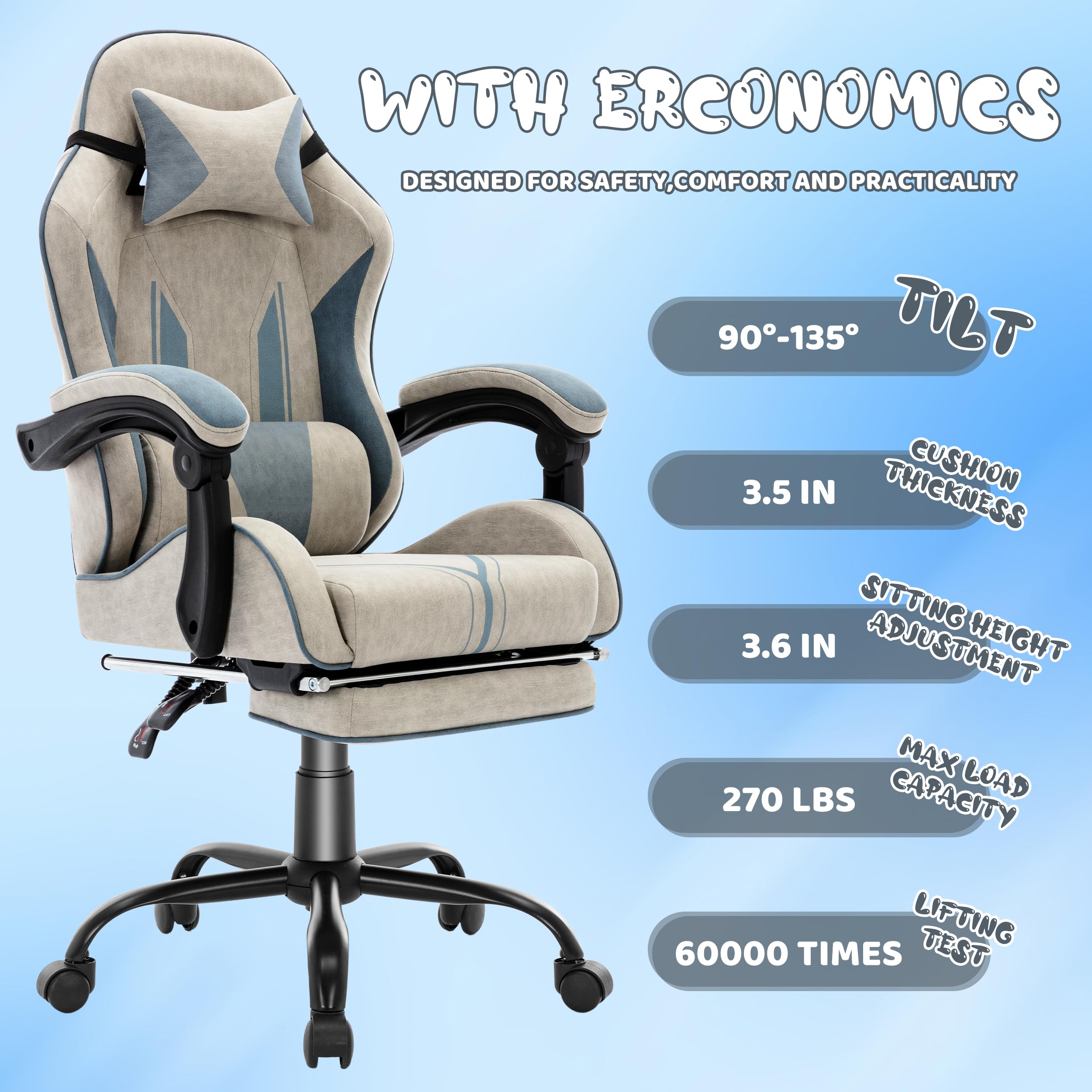 Ergonomic Gaming Chair for Kids & Teens - Adjustable Computer Chair with Footrest & Lumbar Support - Cute Racing Style Reclining PC Game Chair for Girls & Boys - Perfect for Gaming, Studying & Home Office (Gray)