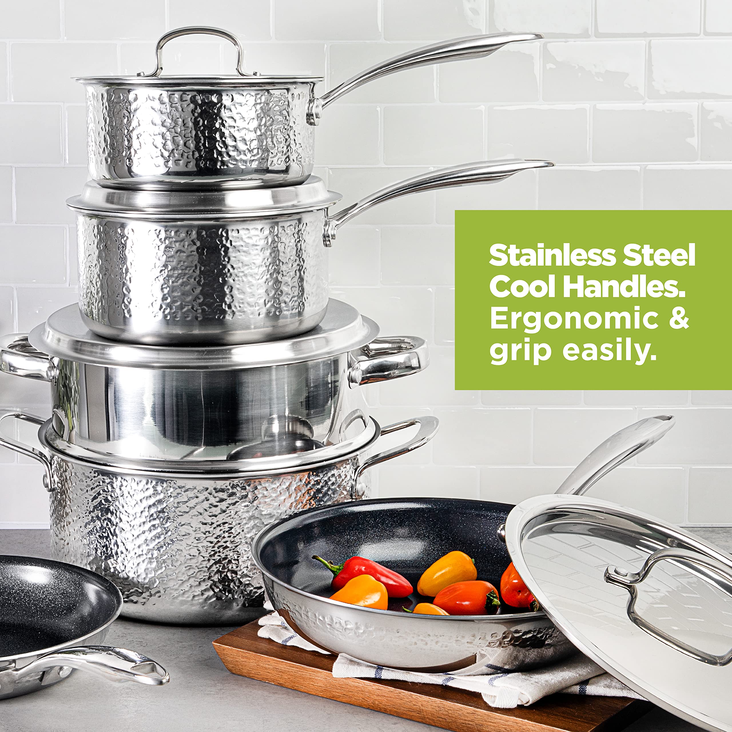 Granitestone Hammered Stainless Steel Cookware Set - 12-Piece Tri-Ply Premium Ceramic Nonstick Pots & Pans with Hammered Finish | Includes Frying Pans, Stock Pots & Skillets | Perfect for Home Cooking, Professional Chefs & Gift Giving
