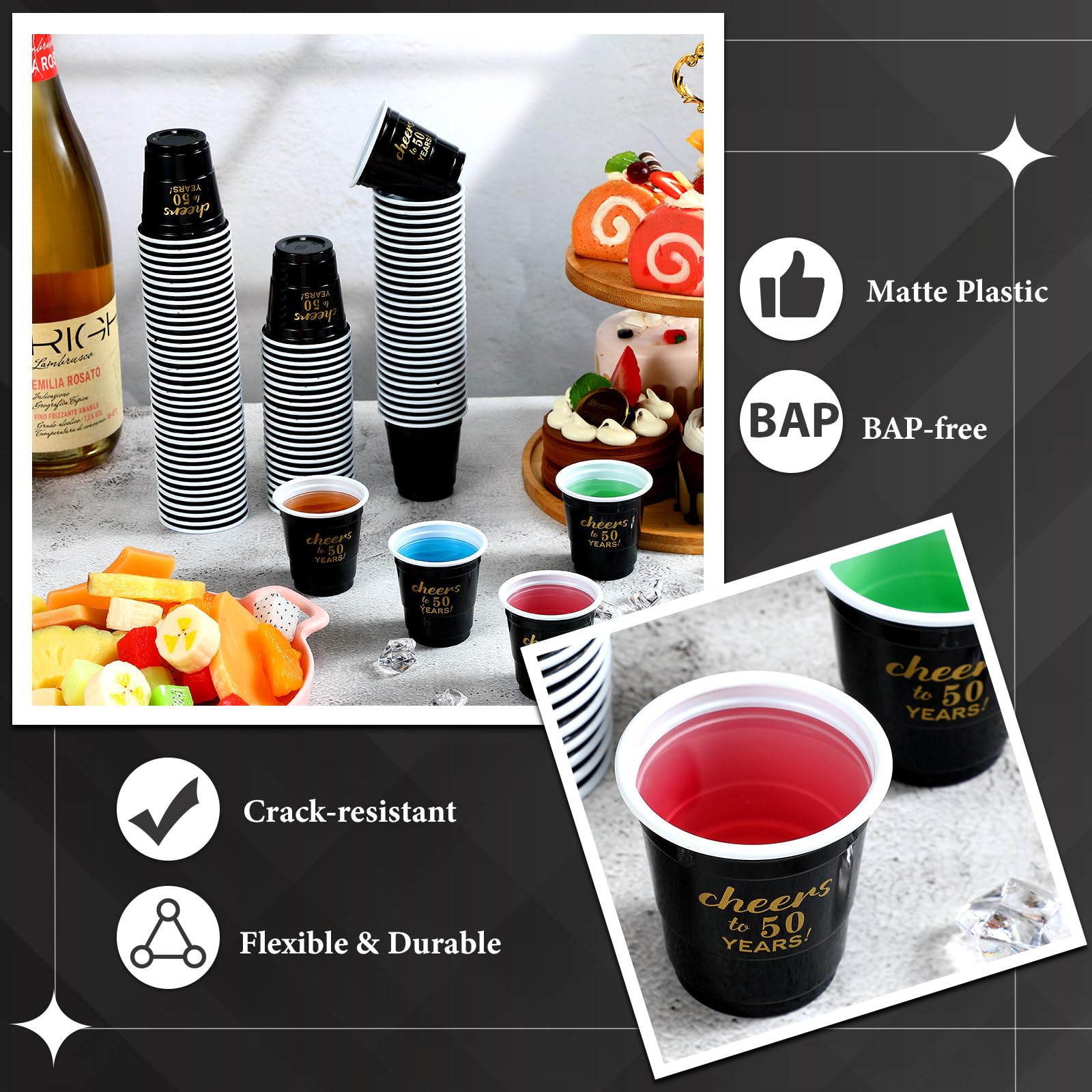 100 Pcs Disposable 2 oz Plastic Shot Glasses - Cheers to 30 40 50 60 70 Years Birthday Party Cups in Black & Gold | Perfect for Anniversary Decorations, Stadium Parties & Birthday Favors for Men & Women (50 Years Option)