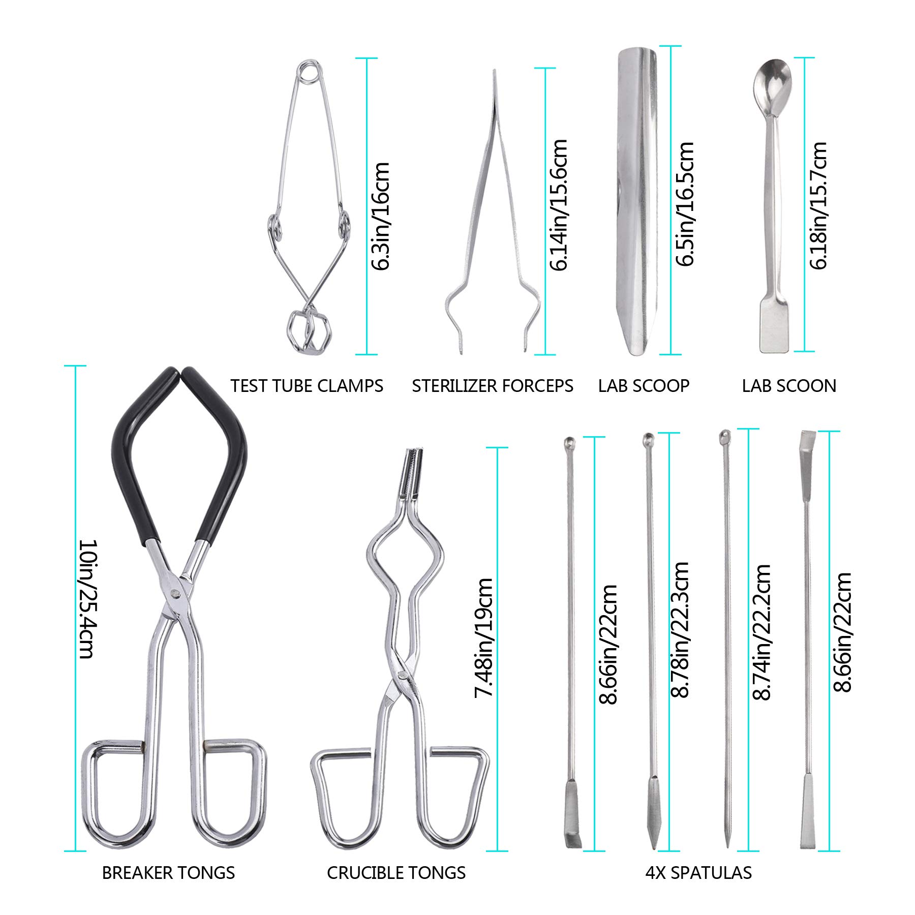 Premium Scientific Labware Starter Kit - Crucible, Beaker Tongs, Lab Spatula, Scoop Spoon, Test Tube Clamps & Sterilizer Forceps for Chemistry Experiments & School Science Labs