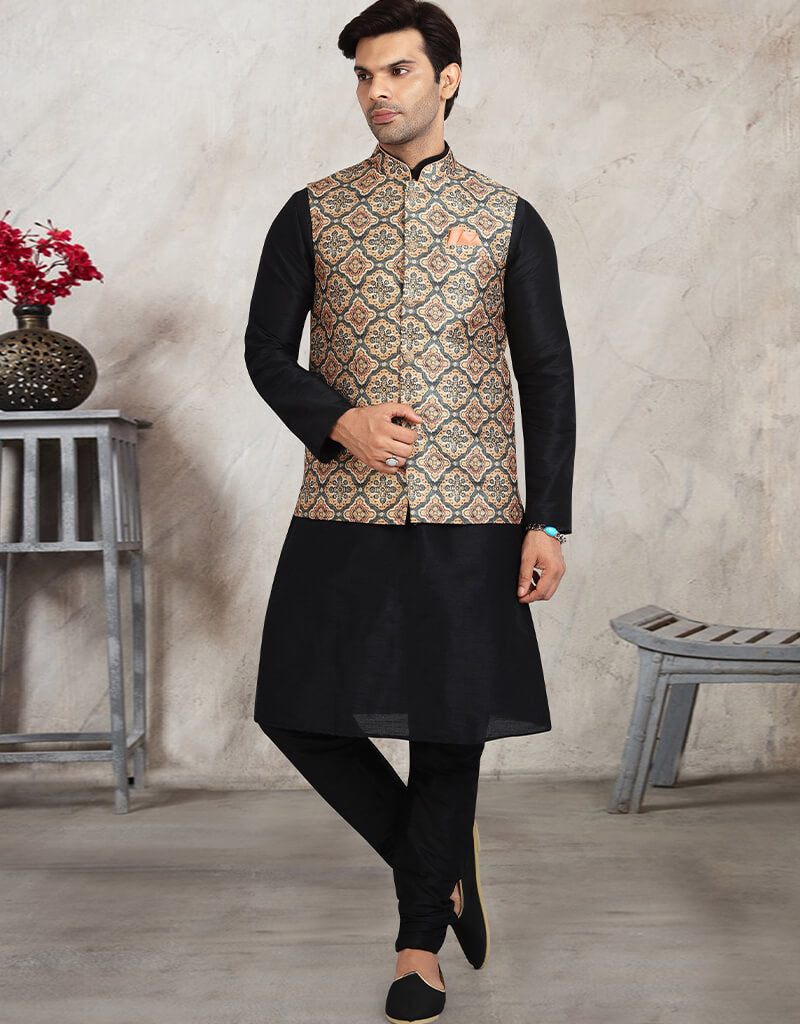 Black 3 Piece Banarasi Silk Jacket Set with Churidar - Elegant Indian Ethnic Wear for Weddings & Festive Occasions