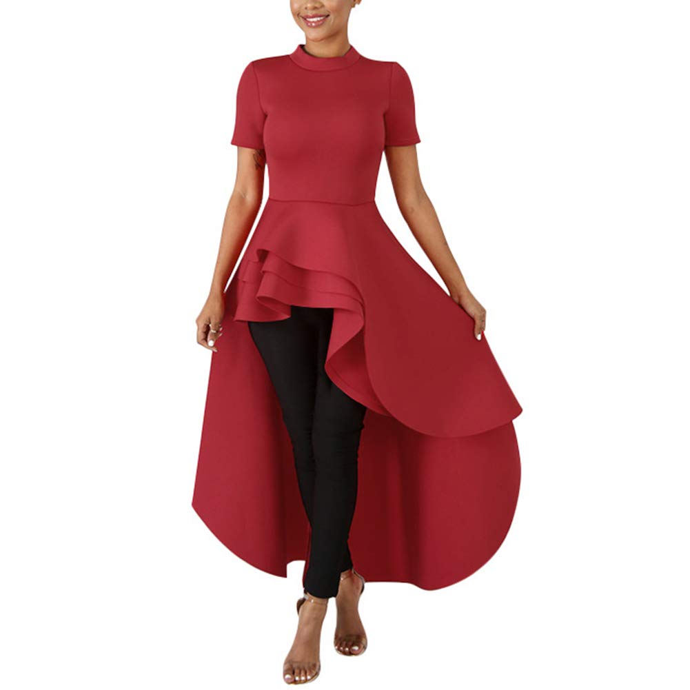 Annystore Women's High Low Tops - Ruffle Bodycon Peplum Asymmetrical Tunic Shirt Dresses for Casual Wear, Party & Date Night Outfits