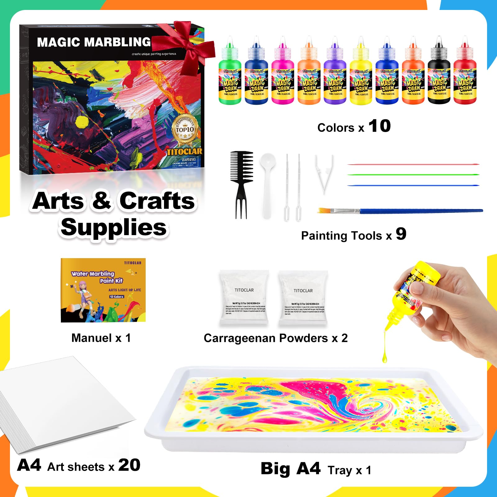 Water Marbling Paint Kit for Kids - Creative Craft Set for Girls & Boys Ages 5-12 (10 Colors) | DIY Art Projects, Birthday Gifts & Sensory Play Activities