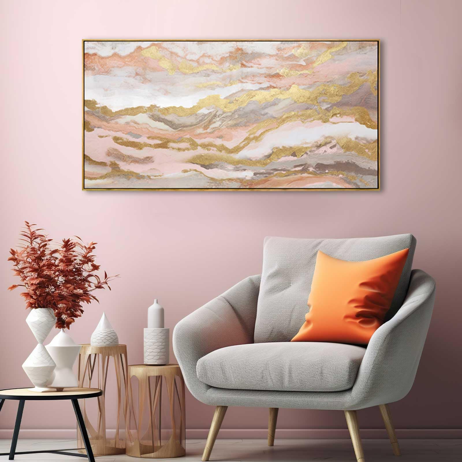 YJYart Pink Abstract Wall Art - 20x40 Inch Large Canvas Painting for Girl's Room, Living Room, Bedroom, Office & Kitchen Decor - Modern Gold Accent Home Decor for Dining Room & Workspace