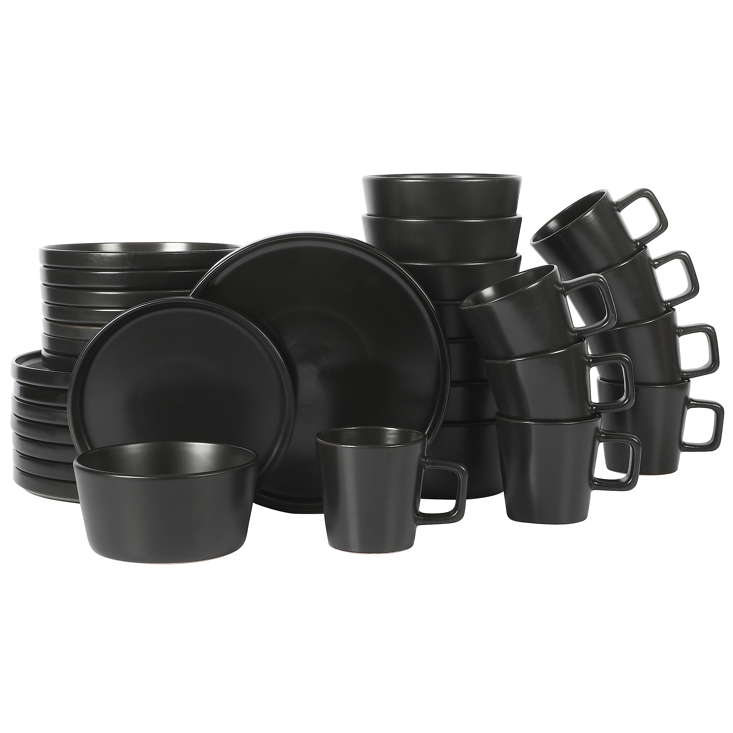 Premium Gibson Soho Lounge Bowery 32-Piece Matte Black Stoneware Dinnerware Set - Plates, Bowls & Mugs for 8 People - Elegant Tableware for Dining, Entertaining & Everyday Use
