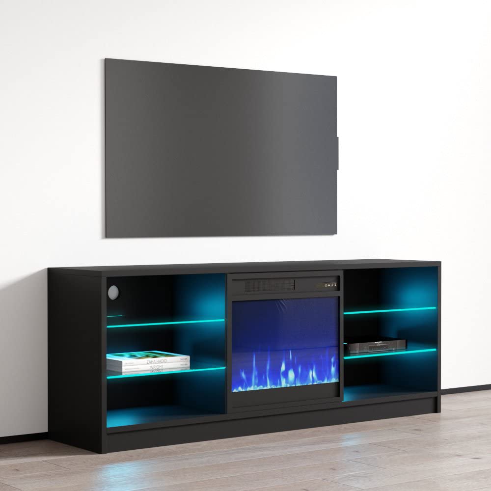 Modern Manhattan TV Stand with Electric Fireplace & Storage Cabinets - 65