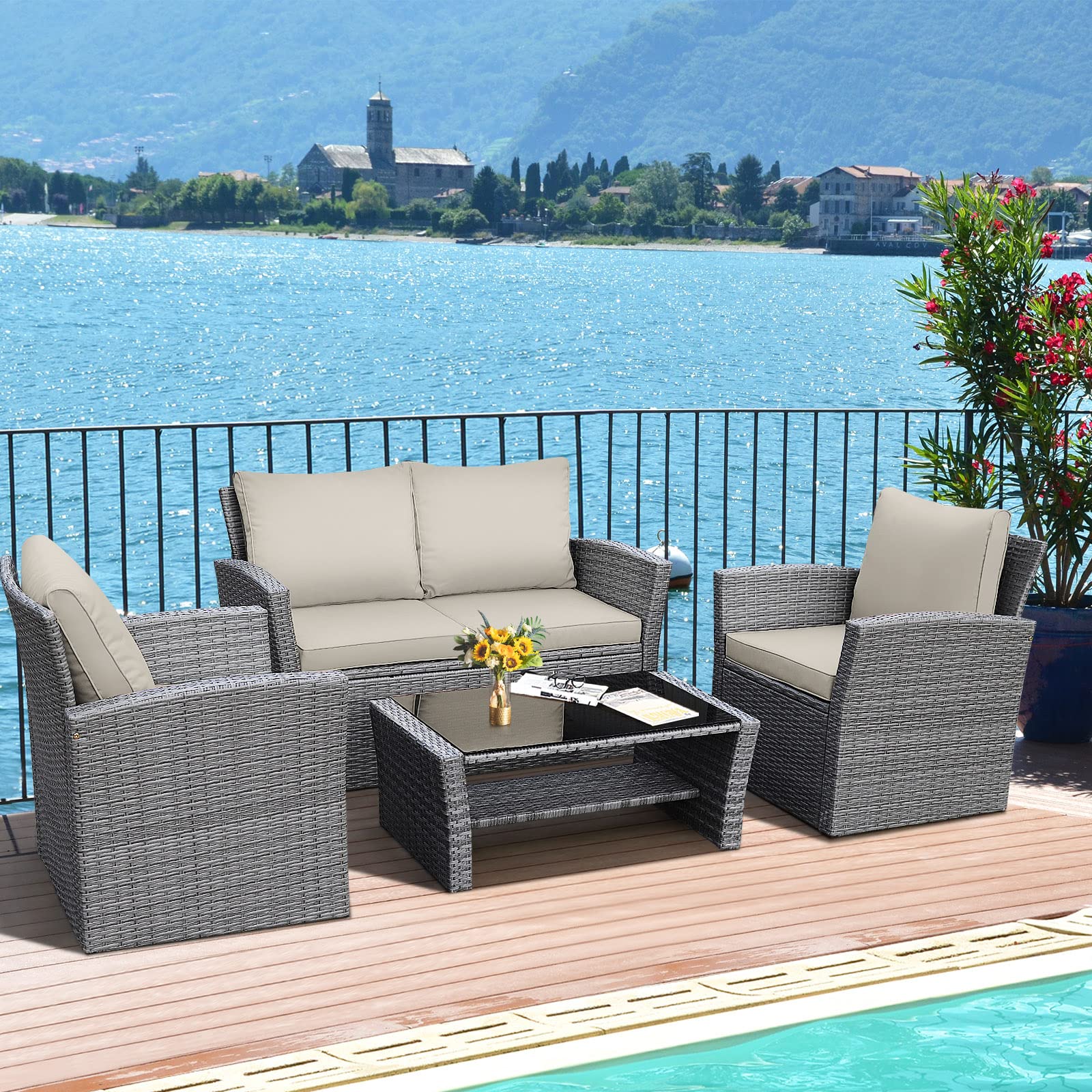 HAPPYGRILL 4-Piece Outdoor Patio Conversation Set with Cushions & Coffee Table - Rattan Wicker Sofa Sectional for Garden, Porch, Balcony, Poolside - Perfect for Relaxing & Entertaining Outdoors