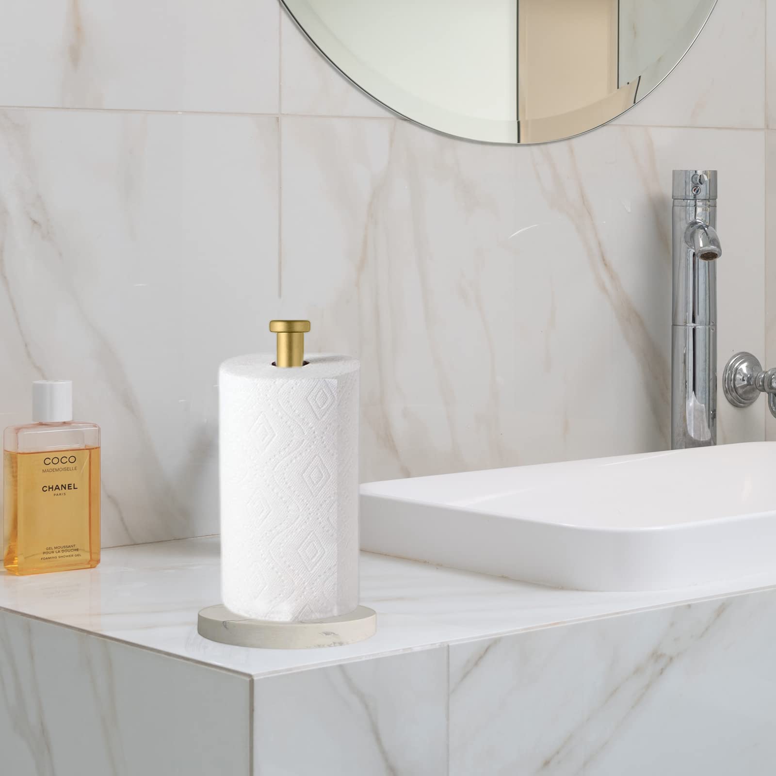 Elegant Gold Marble Paper Towel Holder - Sturdy Countertop Stand with Weighted Base for One-Handed Use | Perfect for Kitchen, Bathroom, Office & Restaurant Decor