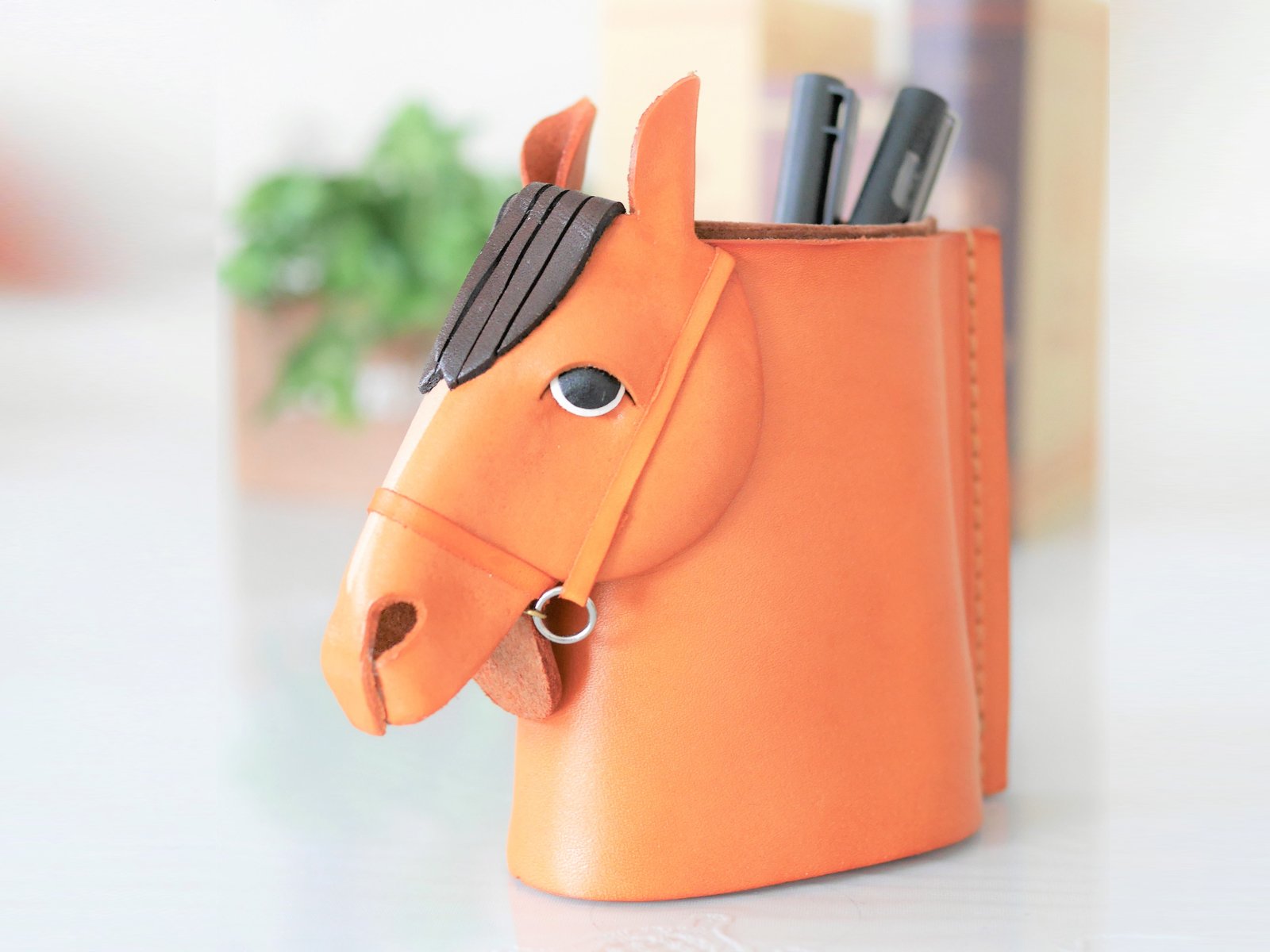 VANCA Handmade Japanese Genuine Leather Horse Head Eyeglasses Holder & Stand - Brown - Perfect for Office, Home, and Gift Giving