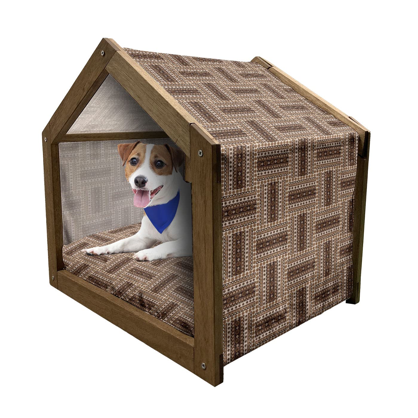 Ambesonne Traditional Wooden Dog House - Bohemian Geometric Design in Earth Tones, Portable Indoor/Outdoor Pet Kennel with Pillow & Cover, Large Size Brown Caramel - Perfect for Backyard, Patio or Living Room Decor
