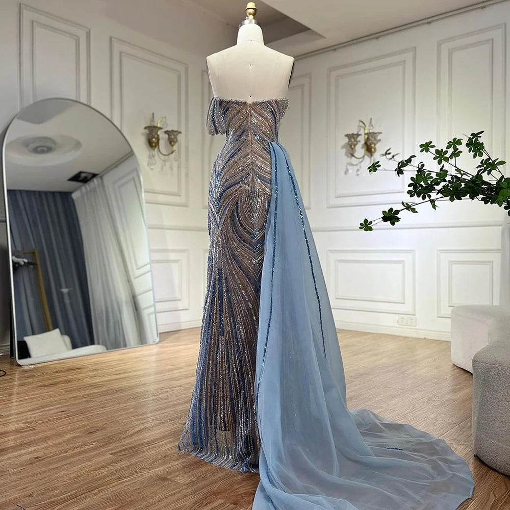 Elegant Arabic Blue One Shoulder Evening Gown with Beaded Side Overskirt - Luxury Dubai Style Women's Party Dress LA72662 for Prom, Gala & Special Occasions