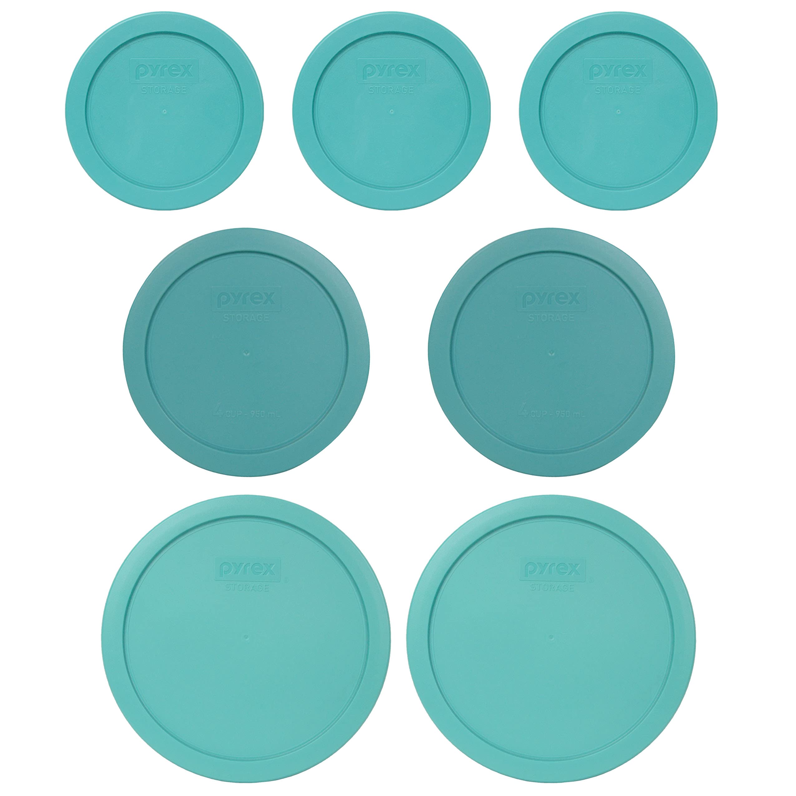 Pyrex (3) 7200-PC Turquoise, (2) 7201-PC Turquoise, & (2) 7402-PC Round Plastic Food Storage Lids Set - Made in USA - Perfect for Meal Prep, Leftovers, and Refrigerator Organization