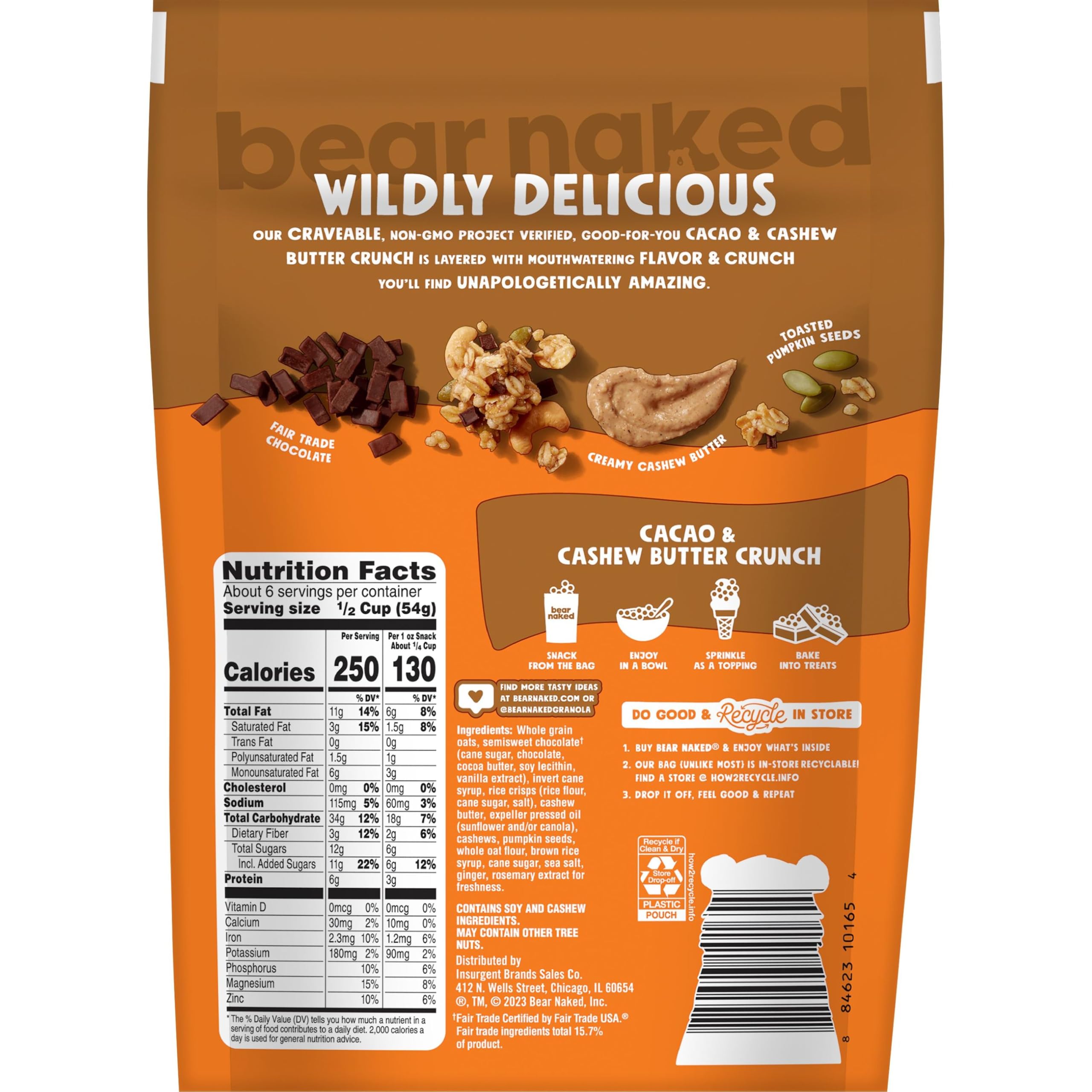 Bear Naked Granola Cereal - Whole Grain Granola with Cacao & Cashew Butter Crunch - Healthy Breakfast Snacks & On-the-Go Energy Bars - 11oz Resealable Bag (Pack of 1) - Perfect for Breakfast, Hiking & Office Snacks