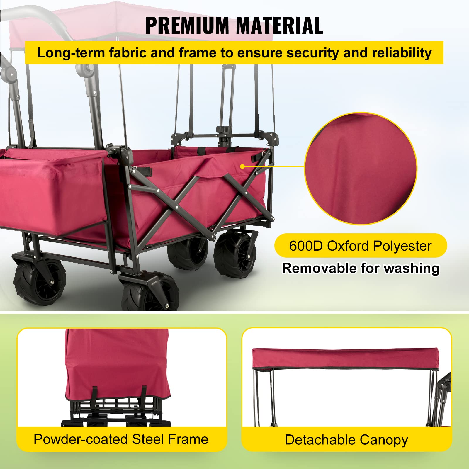 Best Collapsible Wagon with Removable Canopy - Heavy Duty 220lbs Capacity Foldable Beach Cart with Large Wheels - Adjustable Push/Pull Handle Folding Stroller Wagon (Red) - Perfect for Beach Trips, Camping, Grocery Shopping & Outdoor Adventures