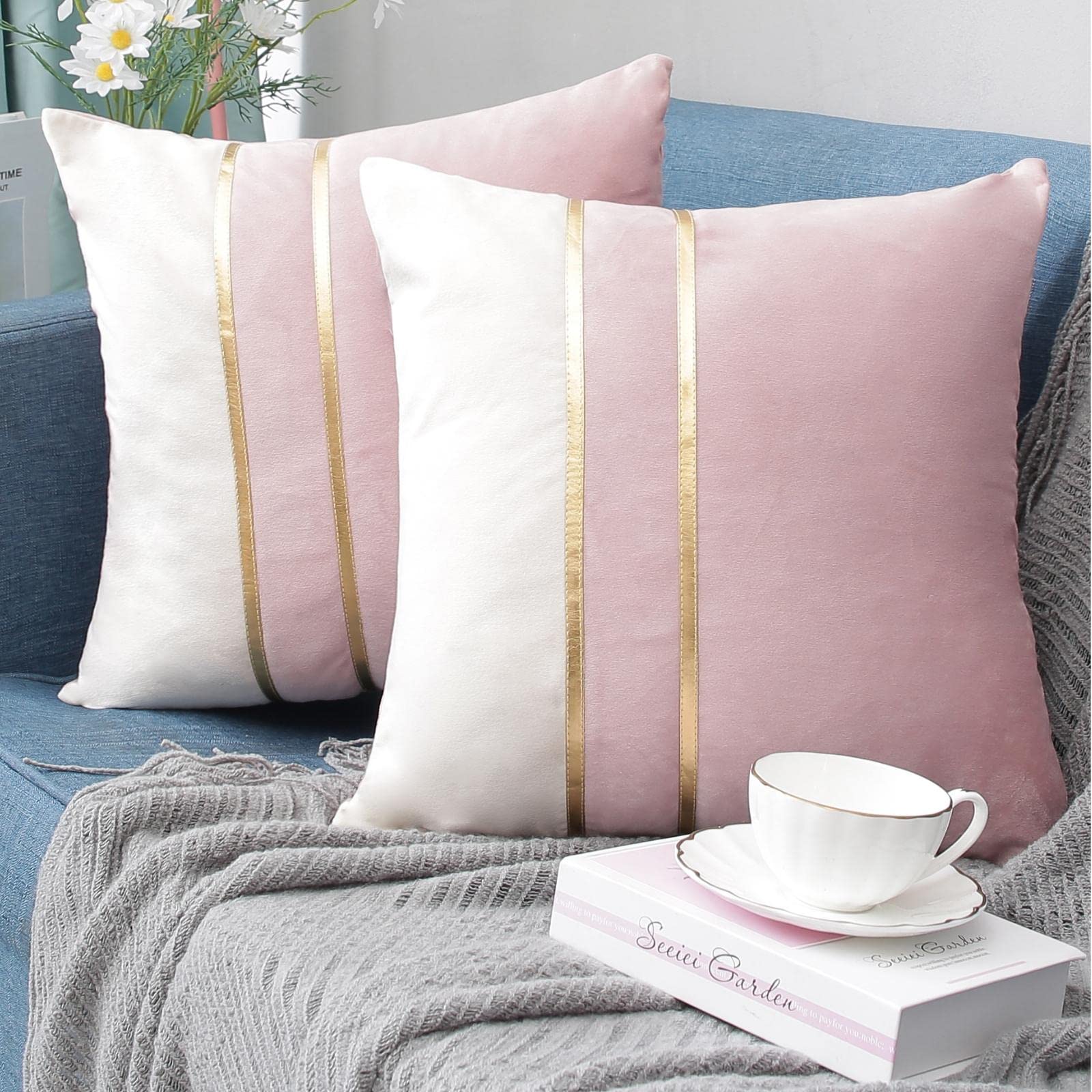 ZLINA Set of 2 Velvet Decorative Throw Pillow Covers - Pink & White Patchwork with Gold Leather Accents, 20×20 Inch Square Cushion Covers for Sofa, Bed, Living Room & Car Decor - Luxury Home & Office Decoration