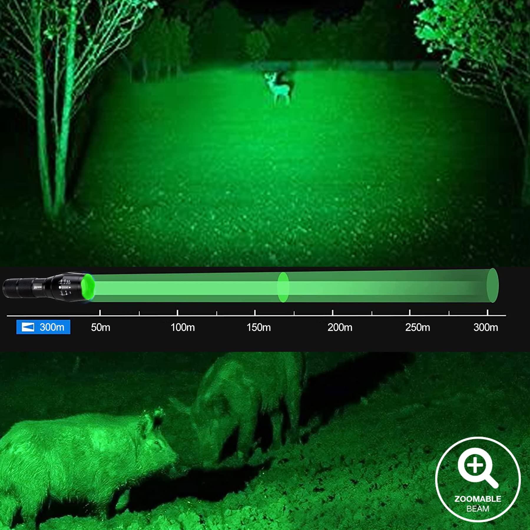 VASTFIRE 350 Yard Green Hunting Light - Zoomable Flashlight for Hog & Predator Hunting with Pressure Switch, Picatinny Rail Mount & 1-30mm Scope Mount - Perfect for Night Hunting, Tactical Missions & Outdoor Adventures (Includes Carrying Case)
