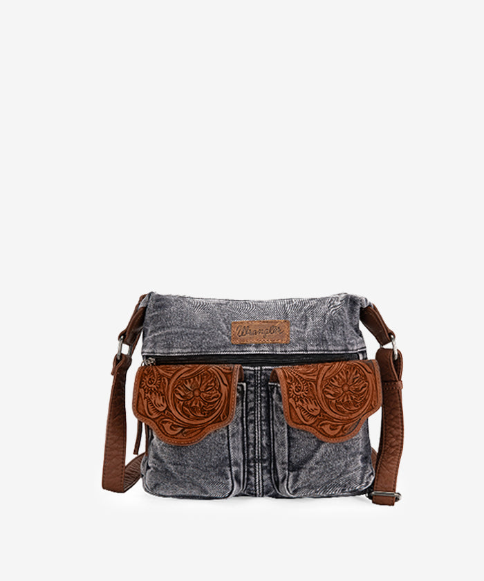 Wrangler Floral Embossed Denim Crossbody Bag for Women - Stylish & Durable Purse for Everyday Use, Shopping & Travel