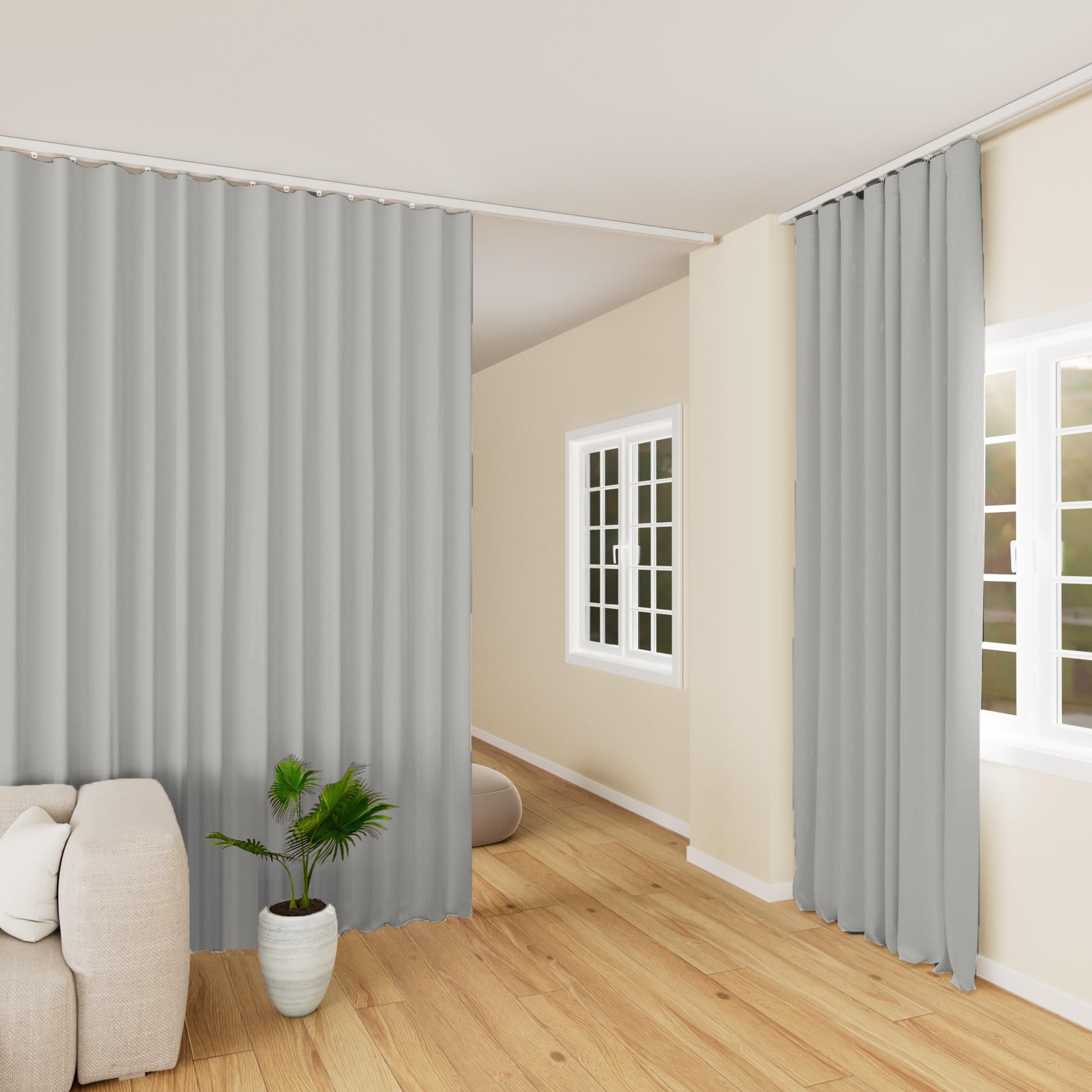 Blackout Room Divider Curtains - Soundproof Ceiling Track Curtains with Hooks for Wall & Floor Separation (Light Grey, 180