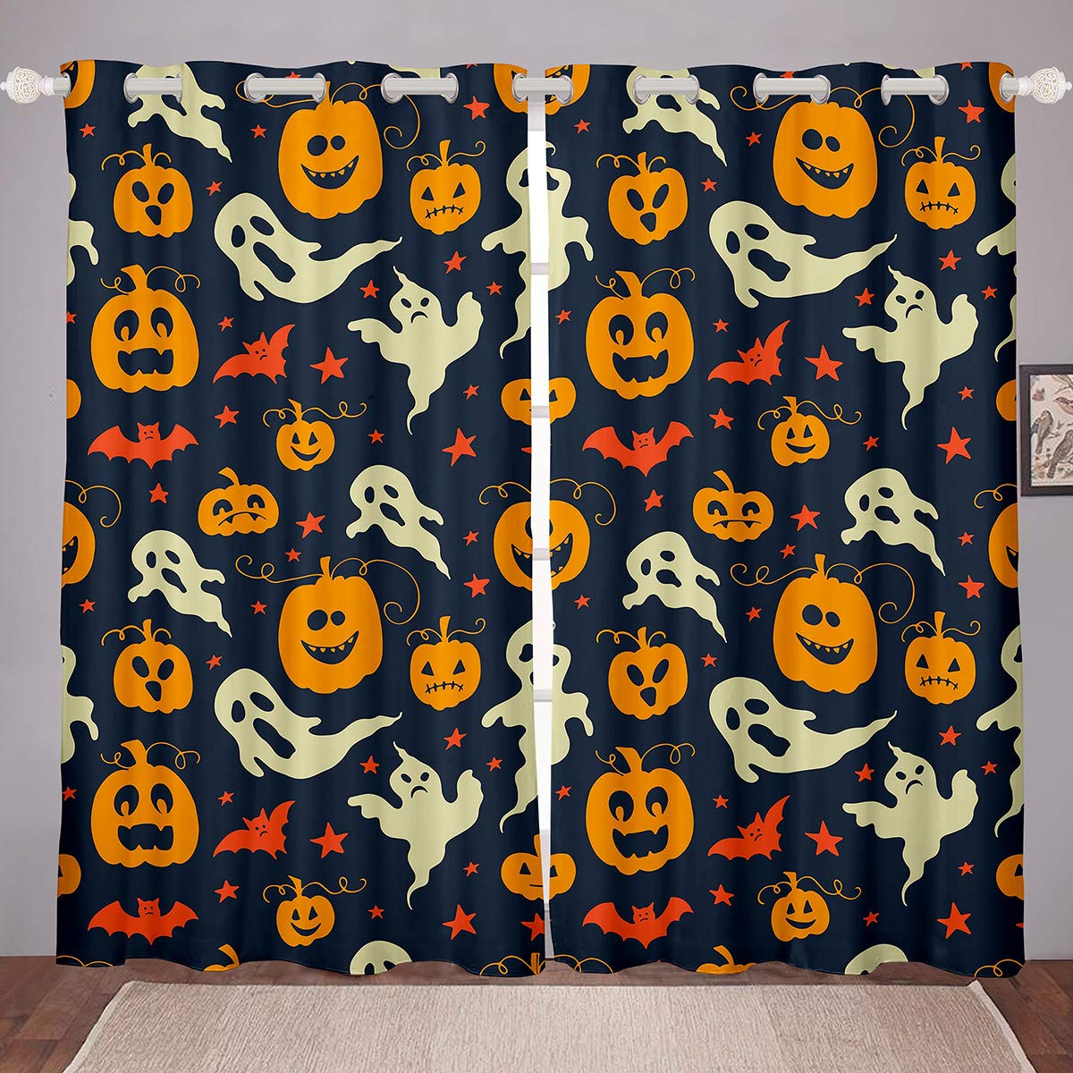 Manfei Halloween Window Curtains - Cartoon Ghost Pumpkin Design, 2 Panel Set (104Wx84L inches) | Blackout Microfiber Fabric with Steel Grommet Top | Spooky Living Room Decor for Halloween Party & Ghost Festival | Perfect for Bedroom, Dorm, and Holiday Home Decoration