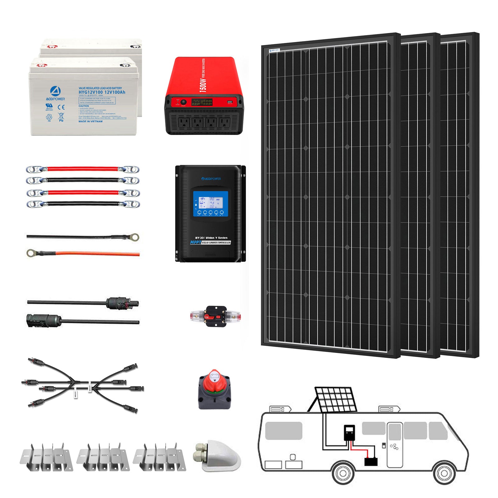 ACOPOWER 12V Deep Cycle GEL Battery Solar Power Kit with Inverter - Complete Off-Grid System for RV, Boat, Cabin & Home Backup Power - Perfect for Camping, Marine & Emergency Power Outages