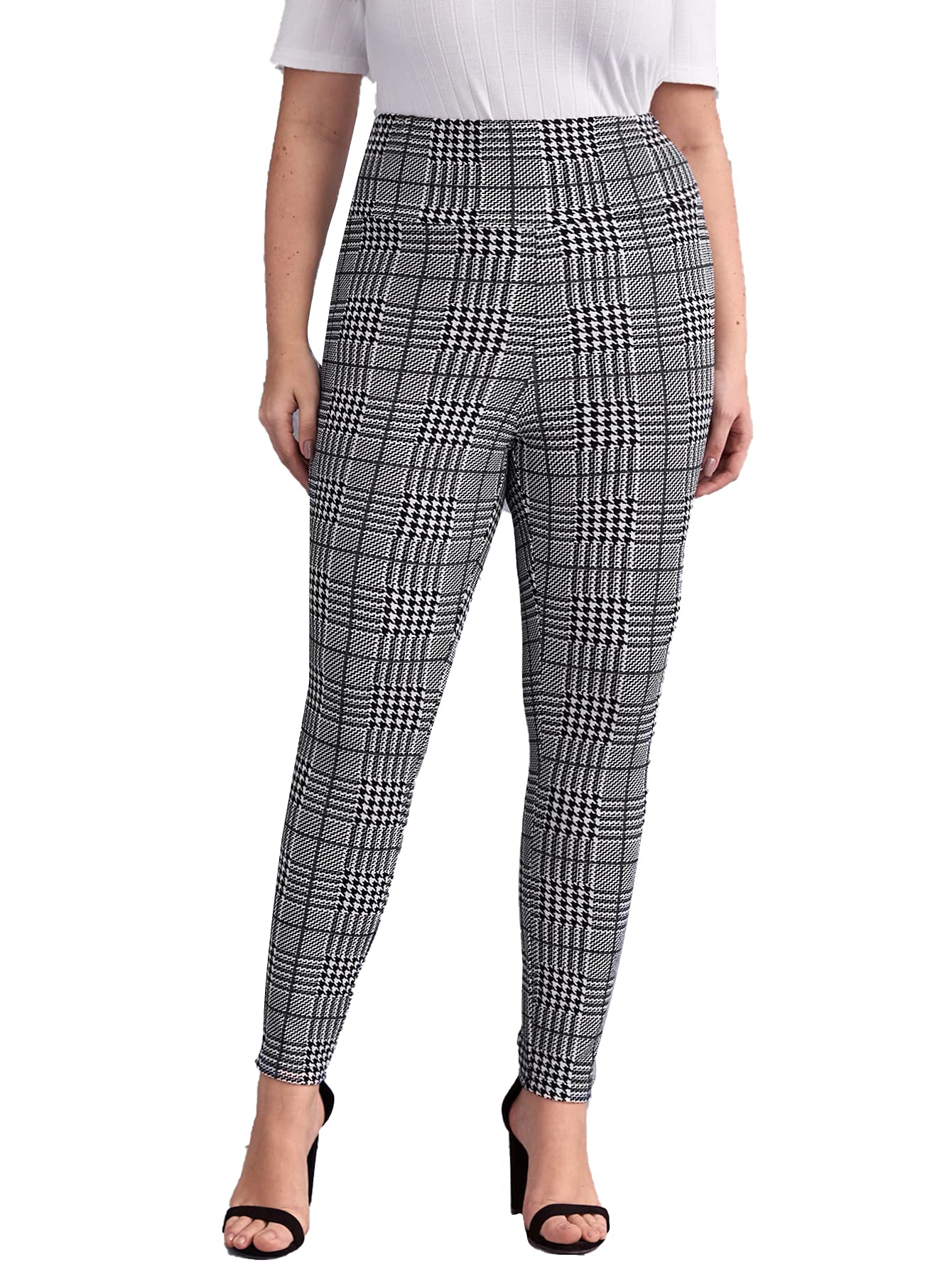 Floerns Women's Plus Size Plaid Leggings - Stretchy Elastic Waist Skinny Pants for Work, Office & Casual Wear | Comfortable & Stylish Trousers for Everyday Use
